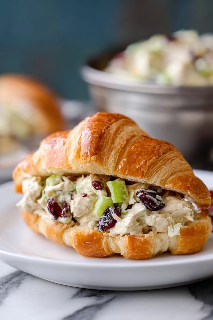 The image shows a croissant sandwich on a white plate set on a white marble surface. The croissant is golden brown and flaky, split open and filled with a creamy chicken salad. The chicken salad filling has visible chunks of white chicken meat, chopped green celery, dried dark red cranberries, and small pine nuts, all mixed in a light creamy dressing. The sandwich is centered in the image with a blurred background showing a metal bowl with more chicken salad. Photo taken with an iphone --ar 2:3 --v 7 - Cranberry Chicken Salad, Cranberry Chicken Salad Recipe, Easy Chicken Salad with Cranberries, Quick Cranberry Chicken Salad, Festive Chicken Salad
