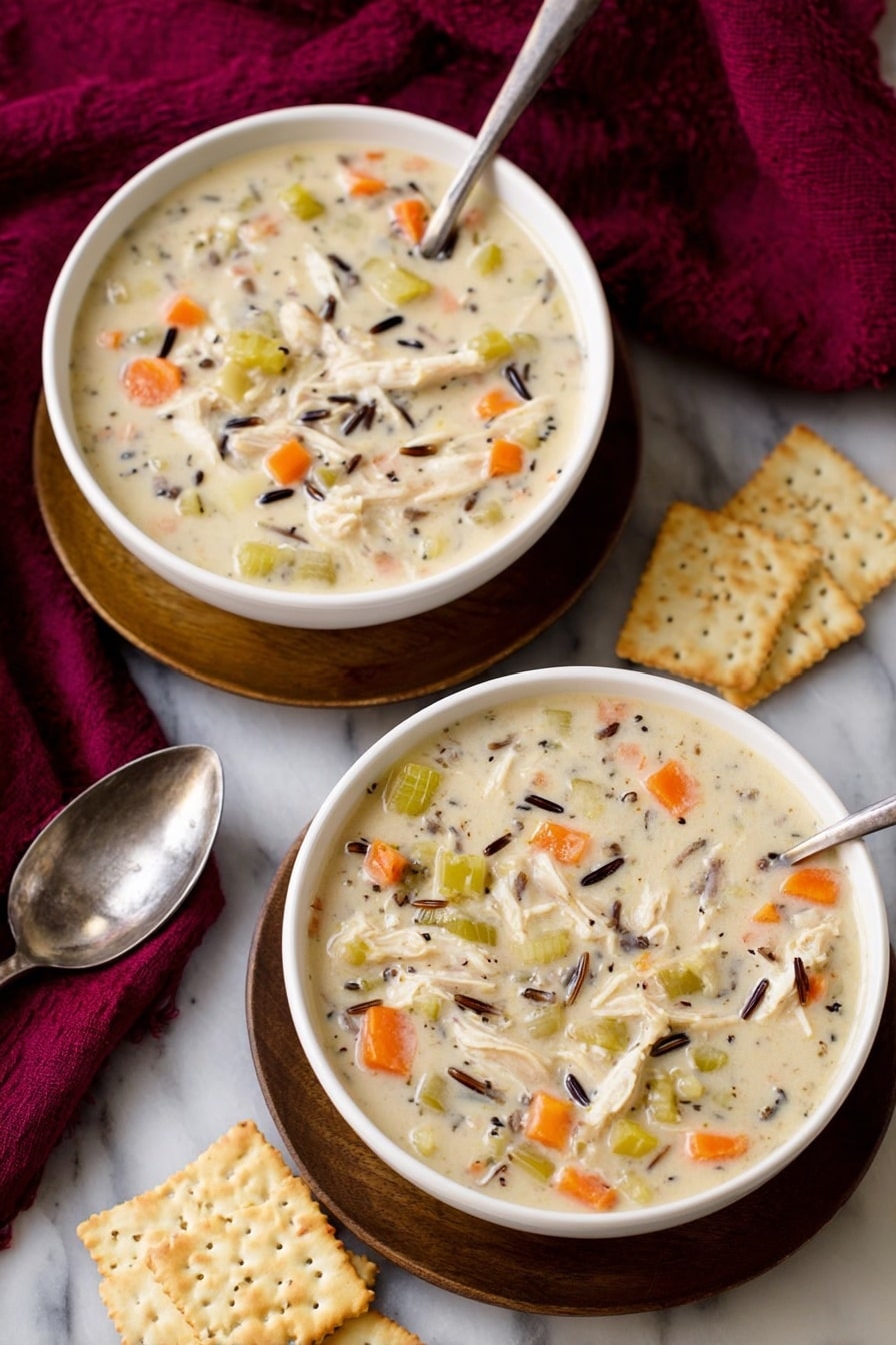 Two white bowls filled with thick creamy soup that has visible layers of orange carrot pieces, pale green celery chunks, shredded white meat, and small bits of dark wild rice mixed in. Each bowl sits on a round wooden plate with a spoon resting against it. Around the bowls are square saltine crackers placed on a white marbled surface. A deep red cloth is arranged to the side, adding a splash of color. Photo taken with an iphone --ar 2:3 --v 7 - Creamy Chicken and Wild Rice Soup, hearty chicken wild rice soup, comforting chicken soup recipes, easy creamy chicken and rice, nourishing winter soups