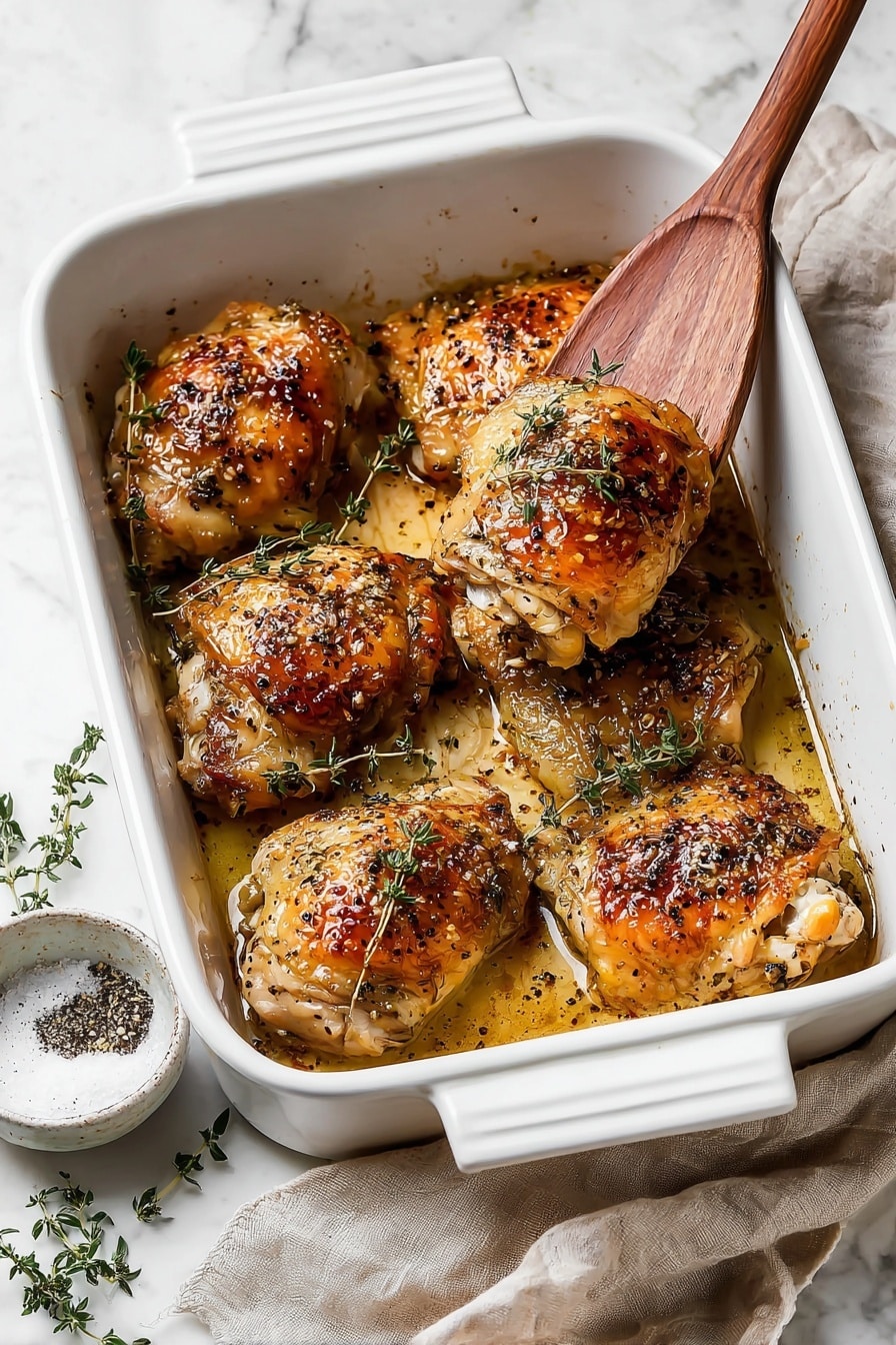 A white baking dish holds seven golden-brown roasted chicken thighs, each topped with small green herb sprigs and speckled with black pepper and seasoning. The chicken skin looks crispy and shiny with a mix of light and darker brown areas. A wooden spatula lifts one piece from the dish, showing the tender texture beneath the skin. The dish sits on a white marbled surface with a beige cloth napkin beside it and a small white bowl with black pepper and salt in the lower left corner. Some fresh herb sprigs lie scattered near the bowl. photo taken with an iphone --ar 2:3 --v 7 - Honey Mustard Chicken Thighs, Honey Mustard Chicken Thighs recipe, easy chicken thigh recipes, flavorful weeknight chicken dinner, crispy baked chicken thighs