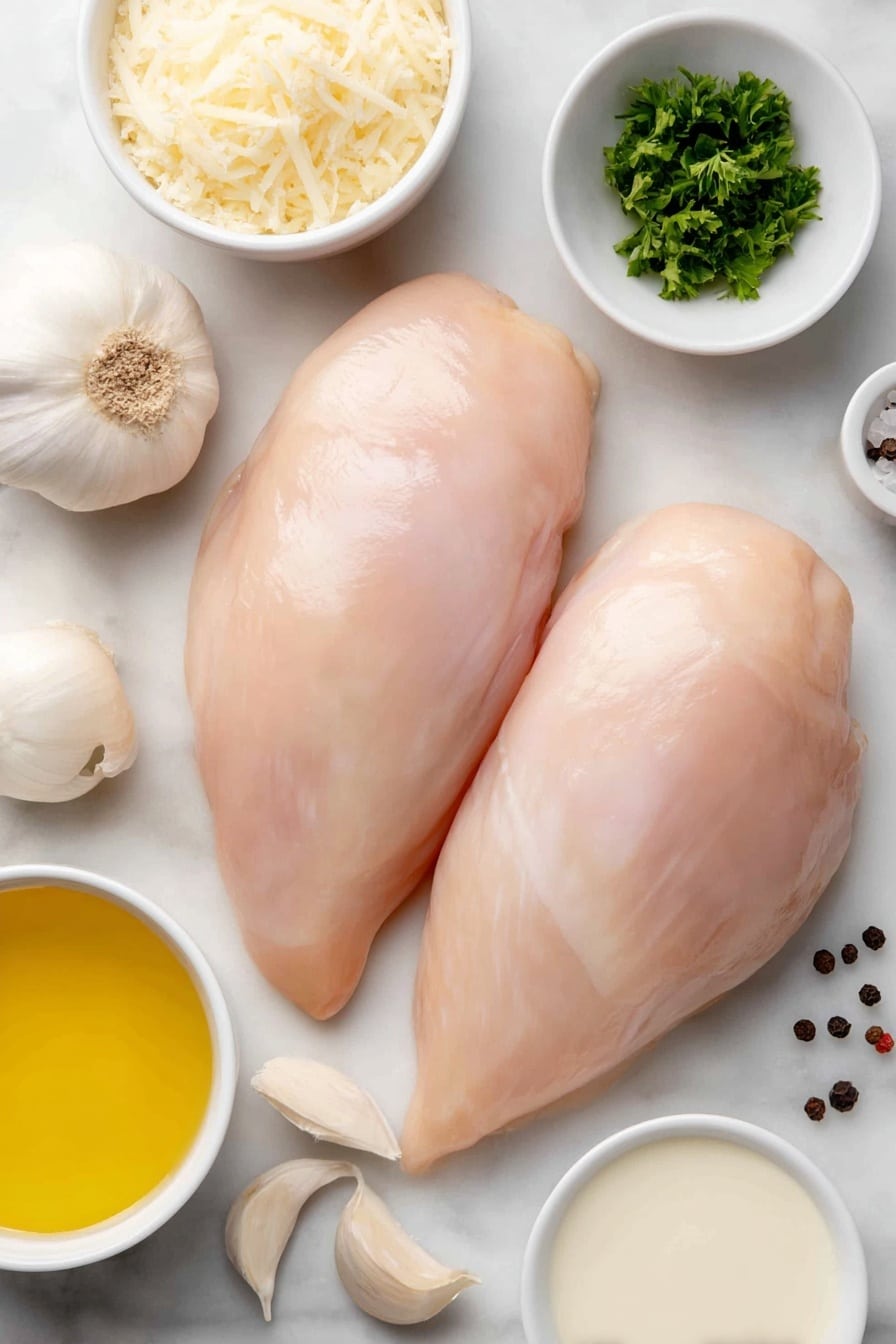 Flat lay of two large raw chicken breasts with smooth pale pink skin, a small mound of fine white cornflour powder, a small white ceramic bowl filled with golden oil, a peeled small white onion whole, three large peeled garlic cloves, a small white bowl of grated pale yellow parmesan cheese, a small white bowl of fresh bright green chopped parsley, a small white bowl of cream with a smooth surface, a small white bowl with light yellow lemon juice, a small white bowl with pale beige chicken stock, a scattering of whole black peppercorns, and a small pinch of coarse salt crystals all arranged with perfect symmetry on a clean white marble surface, soft natural light, photo taken with an iPhone, professional food photography style, fresh ingredients, white ceramic bowls, no bottles, no duplicates, no utensils, no packaging --ar 2:3 --v 7 --p m7354615311229779997 - Creamy Garlic Parmesan Chicken, Chicken with creamy garlic sauce, Easy garlic parmesan chicken, flavor-rich chicken dinner, quick creamy chicken recipe