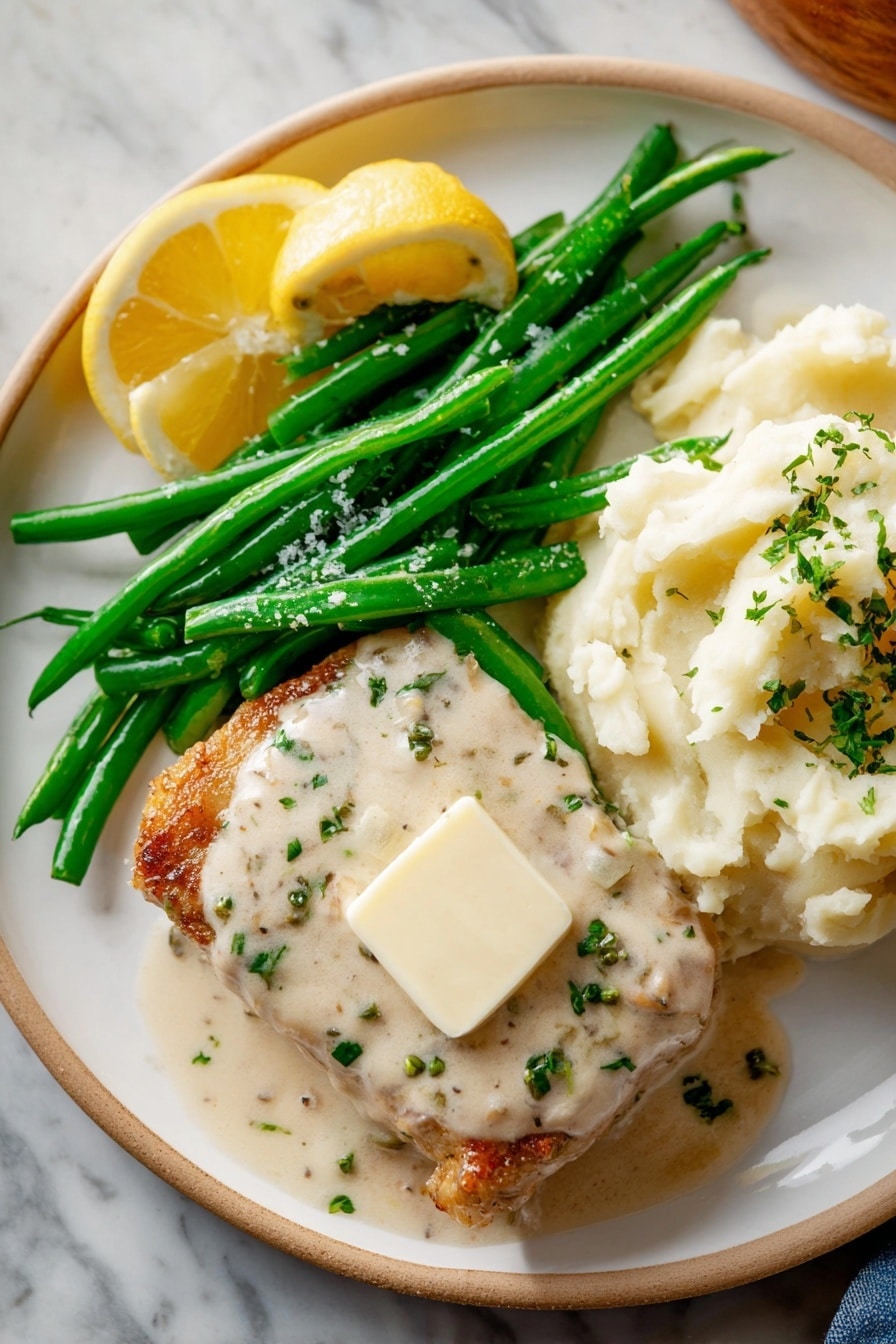 A white plate holds a meal with three main parts: mashed potatoes on the right topped with a square of butter and sprinkled with green herbs, bright green beans in the upper middle sprinkled with coarse salt, and a golden-brown piece of meat covered with creamy white sauce that has small green herb pieces, placed on the left. Two lemon wedges rest behind the green beans, adding bright yellow color. The plate sits on a white marbled background. photo taken with an iphone --ar 2:3 --v 7 - Creamy Garlic Parmesan Chicken, Chicken with creamy garlic sauce, Easy garlic parmesan chicken, flavor-rich chicken dinner, quick creamy chicken recipe