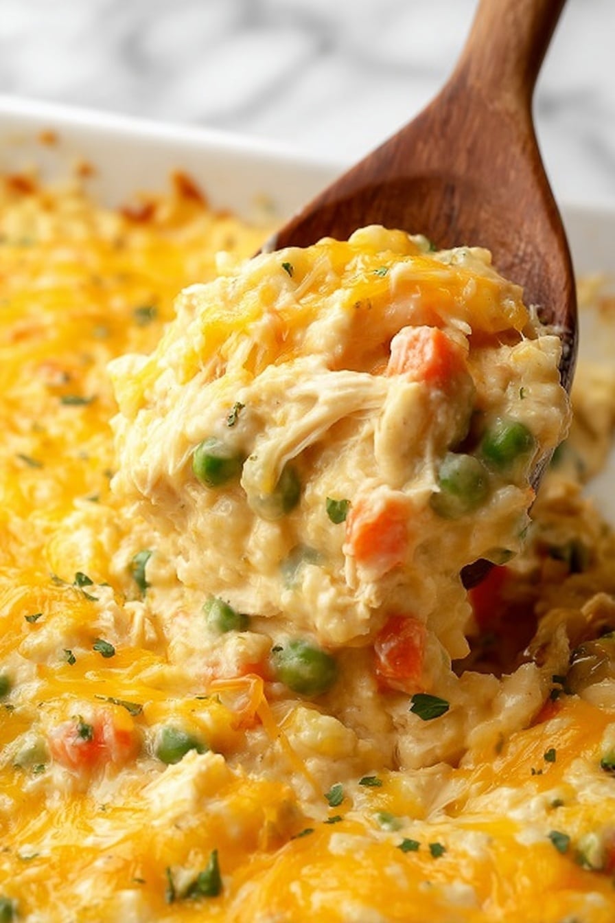 The image shows a close-up of a creamy, cheesy casserole being scooped with a wooden spoon. The dish has multiple layers visible in the spoonful: a top layer of melted yellow cheese, underneath which is a thick, creamy mixture with visible pieces of orange carrots, green peas, and shredded white chicken mixed throughout, all combined in a soft, smooth yellowish sauce. The casserole fills a white dish, and the background is a white marbled surface. Photo taken with an iphone --ar 2:3 --v 7 - Easy Chicken Rice Casserole, Chicken Rice Casserole, cheesy chicken casserole, creamy chicken bake, quick weeknight dinner