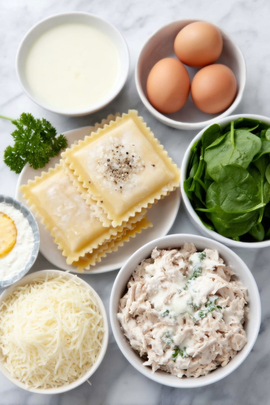 Flat lay of  uncooked flat lasagna noodles arranged neatly, three whole brown eggs with clean shells, a small mound of minced fresh garlic cloves, a small white ceramic bowl of heavy cream, a small white ceramic bowl of golden melted butter, a small white ceramic bowl filled with pale chicken broth, a small round wheel of creamy Boursin garlic and herb cheese, a handful of vibrant fresh spinach leaves, a small pile of shredded mozzarella cheese, a small white ceramic bowl of whole milk ricotta cheese dusted with black pepper, cooked shredded chicken arranged in a loose pile, a few sprigs of bright green fresh Italian parsley, all meticulously balanced and symmetrically placed on a clean white marble surface, soft natural light, photo taken with an iPhone, professional food photography style, fresh ingredients, white ceramic bowls, no bottles, no duplicates, no utensils, no packaging --ar 2:3 --v 7 --p m7354615311229779997 - Creamy Chicken Boursin Lasagna, Boursin cheese lasagna, creamy chicken pasta bake, easy chicken lasagna, comforting chicken casserole