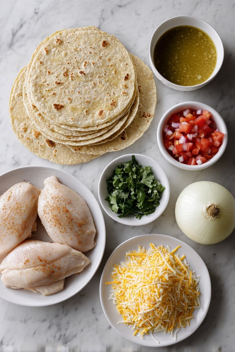 Flat lay of a stack of whole corn tortillas, two whole boneless skinless chicken breasts sprinkled with cumin and chili powder, a small white bowl of vegetable oil, a whole large diced onion, a small white bowl filled with green enchilada sauce, a simple white plate with a pile of grated cheddar and jack cheese blend, a small white bowl of sour cream, a small white bowl of diced fresh tomatoes, and a few sprigs of chopped cilantro arranged symmetrically, placed on a clean white marble surface, soft natural light, photo taken with an iPhone, professional food photography style, fresh ingredients, white ceramic bowls, no bottles, no duplicates, no utensils, no packaging --ar 2:3 --v 7 --p m7354615311229779997 - Easy Chicken Enchiladas, chicken enchiladas recipe, cheesy chicken enchiladas, quick chicken enchiladas, flavorful enchiladas dinner