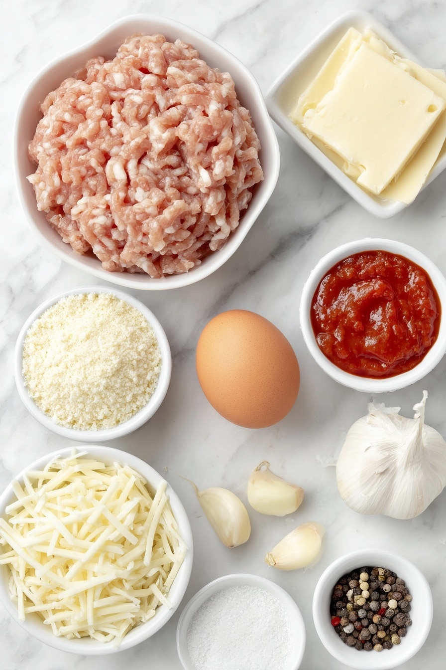 Flat lay of a small mound of fresh, pale pink ground chicken, one whole clean brown egg, a small white ceramic bowl filled with finely ground almond flour, a small white ceramic bowl with finely grated pale yellow parmesan cheese, three peeled garlic cloves, a small white ceramic bowl containing a vibrant red marinara sauce, a small white ceramic bowl with shredded white mozzarella cheese, a few whole black peppercorns, a small white ceramic bowl of pale beige onion powder, and a small pinch of coarse white salt crystals, all arranged with perfect symmetry in a balanced layout, placed on a clean white marble surface, soft natural light, photo taken with an iPhone, professional food photography style, fresh ingredients, white ceramic bowls, no bottles, no duplicates, no utensils, no packaging --ar 2:3 --v 7 --p m7354615311229779997 - Baked Chicken Parmesan Meatballs, easy chicken parmesan meatballs, cheesy baked meatballs, healthy chicken parmesan, flavorful meatball recipes