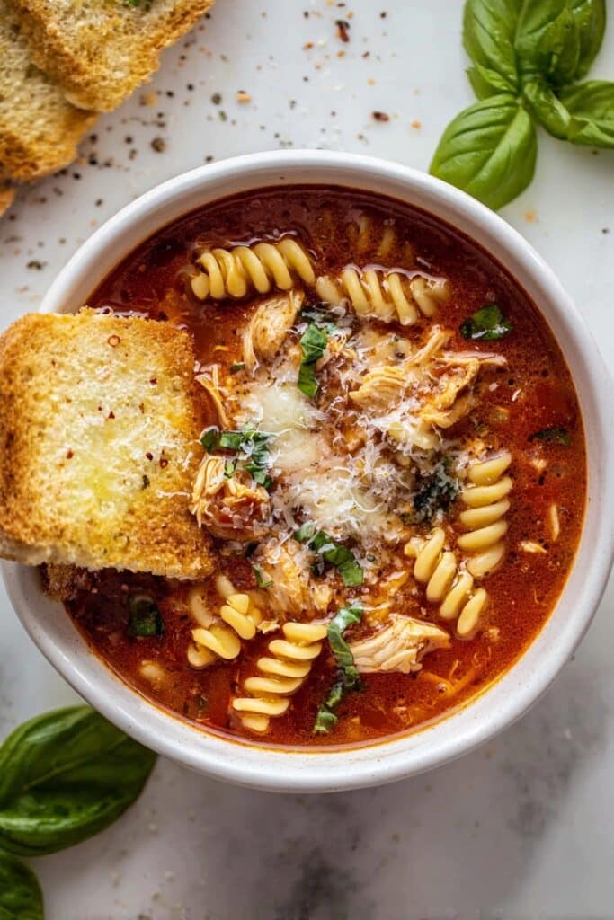 Chicken Parmesan Soup with Mozzarella Croutons Recipe