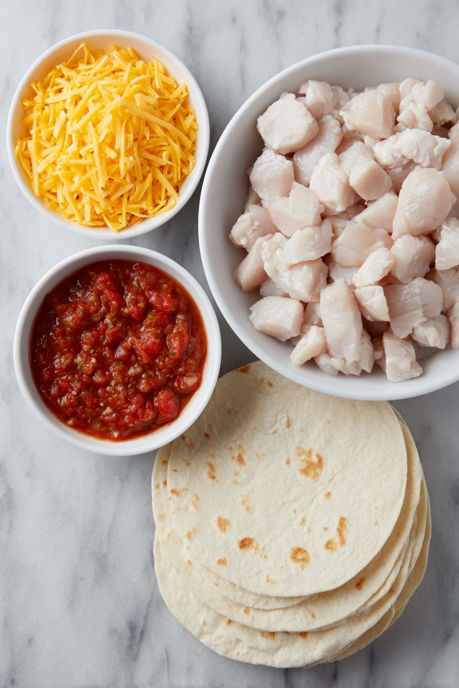 Flat lay of diced cooked chicken in a simple white ceramic bowl, a small white bowl filled with vibrant red salsa, a small white bowl holding bright orange shredded sharp cheddar cheese, a stack of fresh, soft flour tortillas slightly fanned out, placed on a clean white marble surface, soft natural light, photo taken with an iPhone, professional food photography style, fresh ingredients, white ceramic bowls, no bottles, no duplicates, no utensils, no packaging --ar 2:3 --v 7 --p m7354615311229779997 - Chicken Quesadilla Casserole, cheesy chicken casserole, easy dinner recipes, weeknight casserole, chicken and cheese bake
