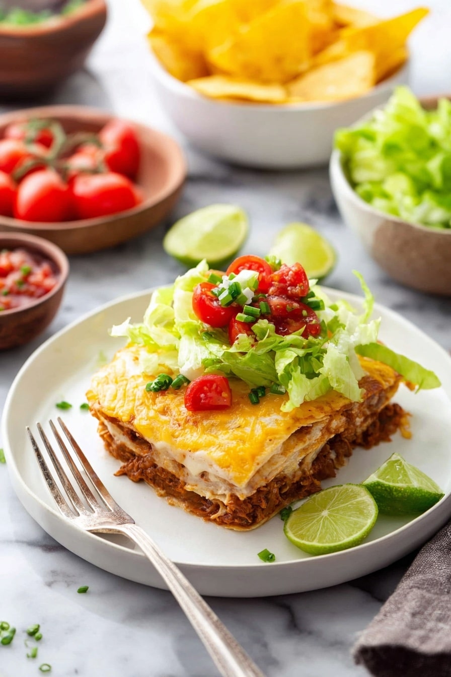 The image shows a white plate on a white marbled surface holding one slice of a layered tortilla dish with four visible layers of tortilla and a filling of shredded meat mixed with sauce, topped with melted cheese that is light golden and slightly bubbly. On top of the slice is a fresh layer of chopped green lettuce, bright red cherry tomato halves, small green onion pieces, and chunky reddish salsa. On the right side of the plate, there are two lime wedges. A silver fork rests on the plate at the front left, with its tines near the food. In the background, there is a white bowl full of yellow tortilla chips and a small white bowl of red salsa, along with a blurred white bowl of more chopped lettuce and a small dark bowl of cherry tomatoes. Photo taken with an iphone --ar 2:3 --v 7 - Chicken Quesadilla Casserole, cheesy chicken casserole, easy dinner recipes, weeknight casserole, chicken and cheese bake