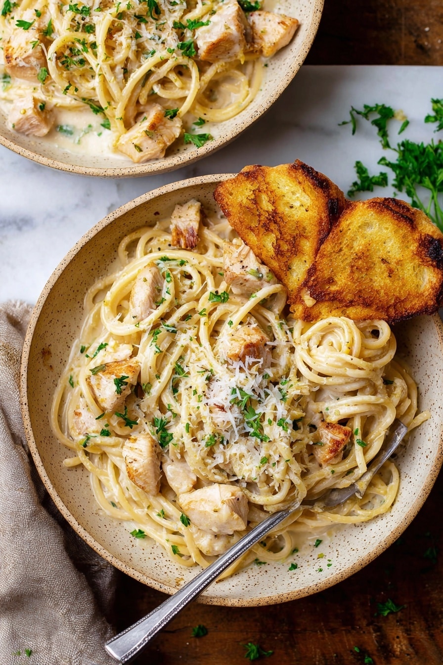 A close-up view of creamy pasta shows thick spaghetti strands coated in a smooth, light beige sauce. Mixed in are small chunks of grilled light brown chicken, with specks of black pepper and green parsley leaves scattered on top. A white piece of bread with a golden-brown crust rests on the side of the plate. A black fork is twirling some noodles and chicken. The plate has a rustic look with a speckled edge and sits on a white marbled surface. photo taken with an iphone --ar 2:3 --v 7 - Garlic Parmesan Chicken Pasta, chicken pasta recipes, creamy garlic pasta, easy weeknight dinner, homemade pasta with chicken