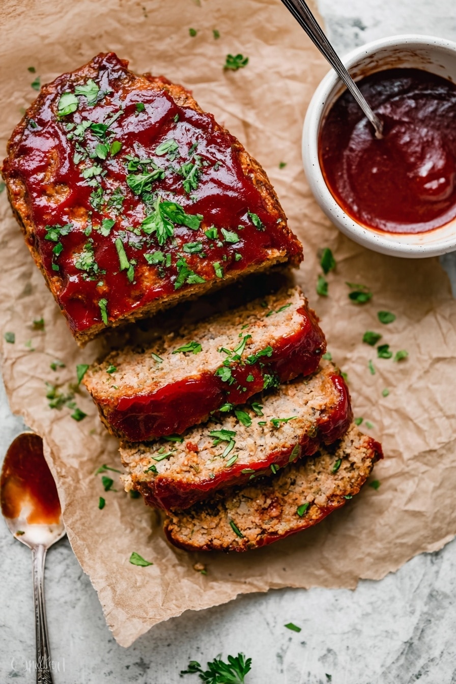 The image shows a sliced meatloaf placed on brown parchment paper over a white marbled surface. The meatloaf has three thick slices cut from a larger piece, each slice topped with a glossy layer of reddish-brown sauce and sprinkled with fresh green chopped herbs. To the right side, there is a small white bowl filled with the same sauce, and above the meatloaf, a silver spoon with some sauce on it lies on the parchment paper. The meatloaf's texture looks tender with a slightly browned crust, and the overall scene is bright and inviting. photo taken with an iphone --ar 2:3 --v 7 - Healthy Turkey Meatloaf, healthy turkey meatloaf recipe, nutritious turkey meatloaf, easy healthy meatloaf, low-fat turkey meatloaf