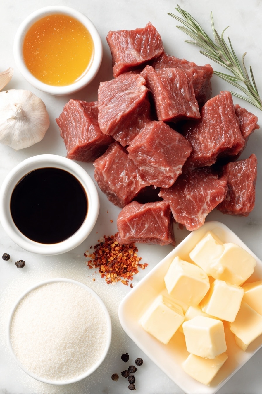 Flat lay of fresh raw sirloin steak chunks with a few sprigs of coarse salt crystals and whole black peppercorns scattered nearby, bright golden honey pooled in a small white ceramic bowl, rich dark soy sauce in another small white bowl, six whole uncracked garlic cloves arranged naturally, a small white bowl holding vibrant red chili flakes, a neat pile of fine white cornstarch powder directly on the white surface, and several small cubes of golden salted butter placed delicately on a simple white ceramic dish, all ingredients arranged symmetrically and balanced, placed on a clean white marble surface, soft natural light, photo taken with an iPhone, professional food photography style, fresh ingredients, white ceramic bowls, no bottles, no duplicates, no utensils, no packaging --ar 2:3 --v 7 --p m7354615311229779997 - Honey Garlic Steak Bites, Honey Garlic Steak Bites recipe, Easy Steak Bites, Quick Dinner Ideas, Delicious Steak Bites