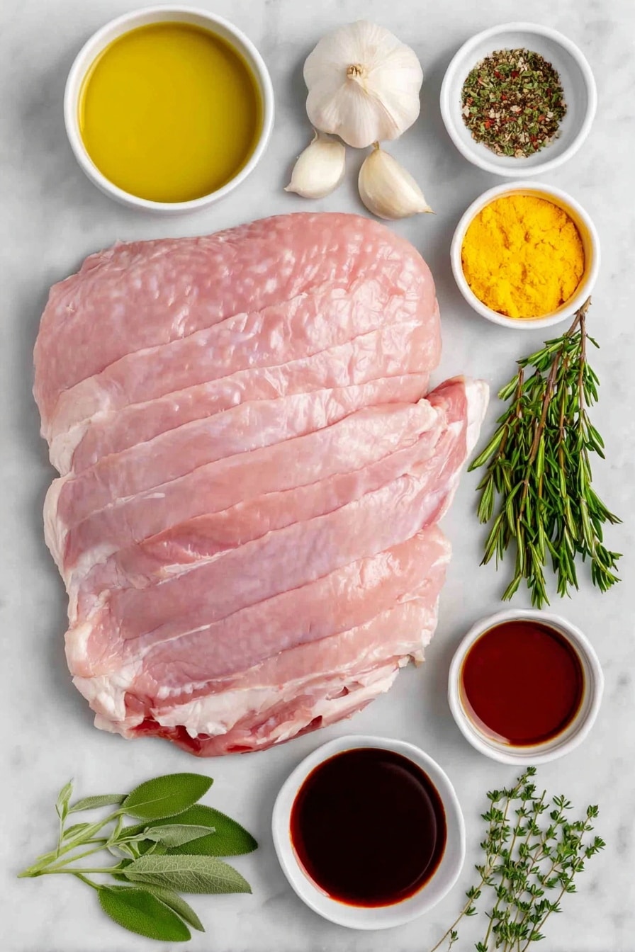 Flat lay of a whole boneless, skinless turkey breast with natural texture and pale pink color, a small white ceramic bowl of golden olive oil, a few whole garlic cloves with papery white skins, small sprigs of fresh sage with soft green leaves, fresh thyme sprigs with tiny green leaves, fresh rosemary sprigs with needle-like dark green leaves, a small white ceramic bowl containing coarse kosher salt crystals, another small white bowl holding freshly ground black pepper, a small white ceramic bowl filled with rich amber pure maple syrup, a small white bowl with smooth bright yellow mustard, a small white bowl of dark brown Worcestershire sauce, a small white bowl of dark soy sauce, all arranged symmetrically and balanced, placed on a clean white marble surface, soft natural light, photo taken with an iPhone, professional food photography style, fresh ingredients, white ceramic bowls, no bottles, no duplicates, no utensils, no packaging --ar 2:3 --v 7 --p m7354615311229779997 - Maple Glazed Turkey Breast Roast, turkey breast roast with maple glaze, easy holiday turkey recipes, juicy turkey breast recipes, flavorful turkey meat dish