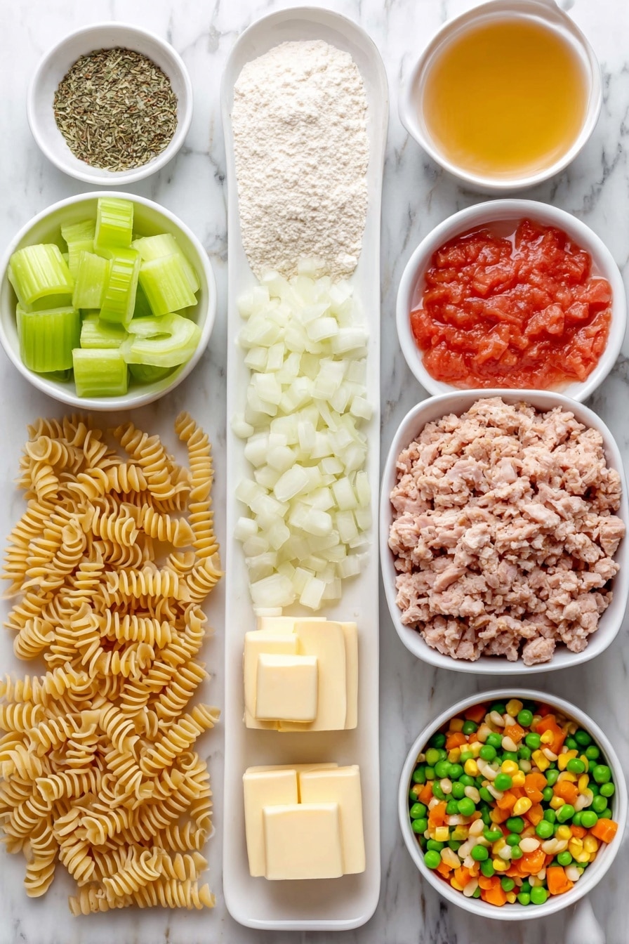 Flat lay of a small pool of golden olive oil in a simple white ceramic bowl, a few rich yellow butter cubes arranged neatly, a large diced white onion pile, four fresh green celery ribs sliced evenly, two peeled garlic cloves finely minced, a small white bowl filled with pale off-white all-purpose flour, a small white bowl containing a mix of dried Italian herbs, a simple white ceramic bowl with clear golden chicken broth, a white bowl with bright red petite diced tomatoes and their juices, a small heap of cooked chopped turkey with natural brown and white hues, a small white bowl of vibrant thawed mixed vegetables including peas, carrots, and corn, six ounces of uncooked medium pasta spirals arranged symmetrically, all ingredients fresh and natural, placed on a clean white marble surface, soft natural light, photo taken with an iPhone, professional food photography style, fresh ingredients, white ceramic bowls, no bottles, no duplicates, no utensils, no packaging --ar 2:3 --v 7 --p m7354615311229779997 - Turkey Vegetable Soup with Pasta, healthy turkey vegetable soup, hearty vegetable and turkey soup, easy turkey soup recipe, comforting pasta soup