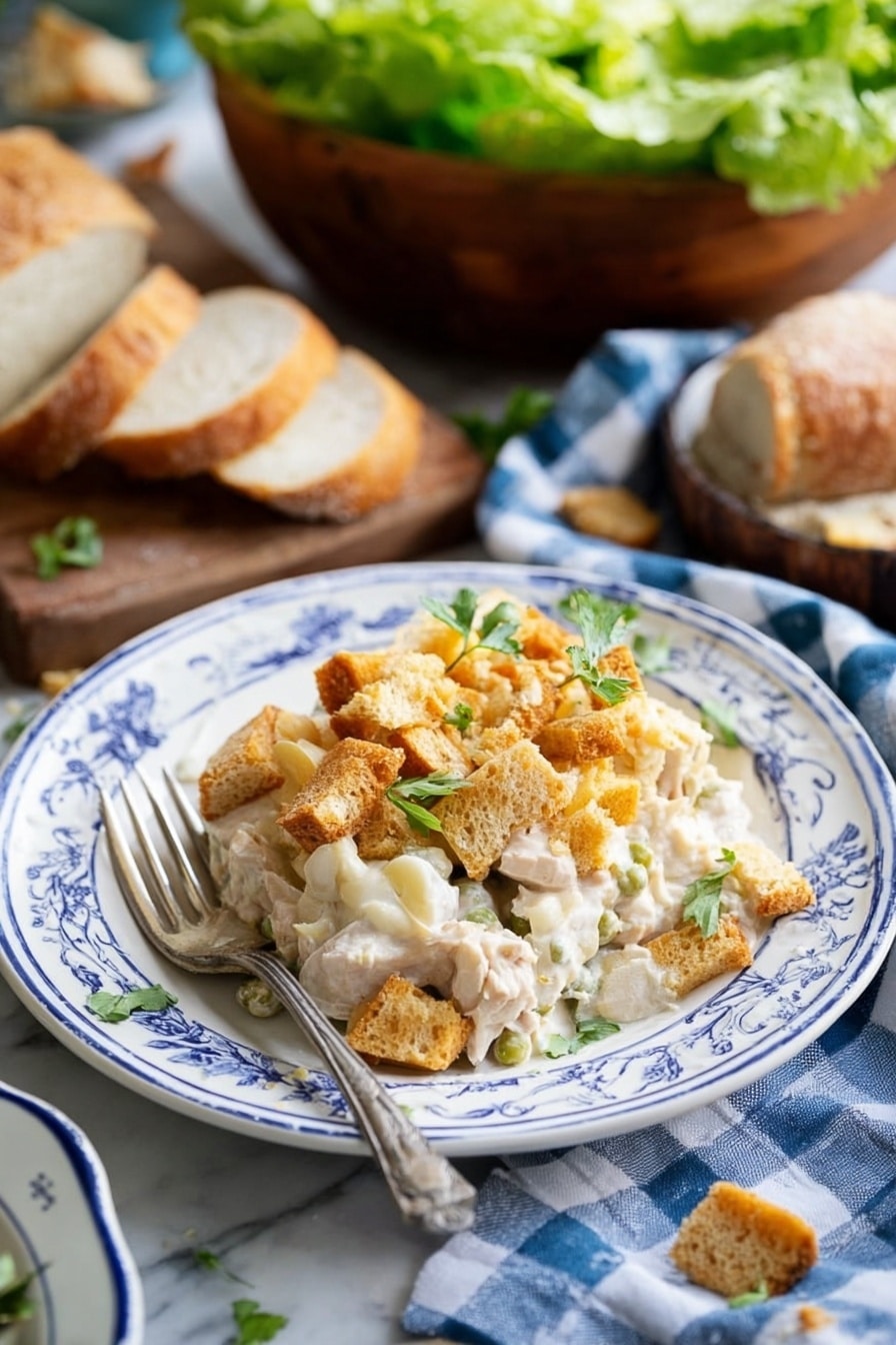 A white plate with blue floral patterns holds a creamy layered dish. The bottom layer looks soft and white, with chunks of white meat mixed with small green bits. The middle layer is creamy, covering the meat and vegetables. The top layer is golden brown broken cracker pieces, crunchy and uneven, scattered over the creamy base with small green herb leaves for garnish. To the side, a silver fork rests on the plate. In the background, there are pieces of crusty white bread on a wooden cutting board and a wooden bowl filled with leafy green lettuce, all placed on a white marbled surface, with a blue and white checkered cloth nearby. Photo taken with an iphone --ar 2:3 --v 7 - Leftover Turkey Rice Casserole, Turkey leftover recipes, easy casserole with turkey, creamy turkey casserole, Thanksgiving leftovers dinner
