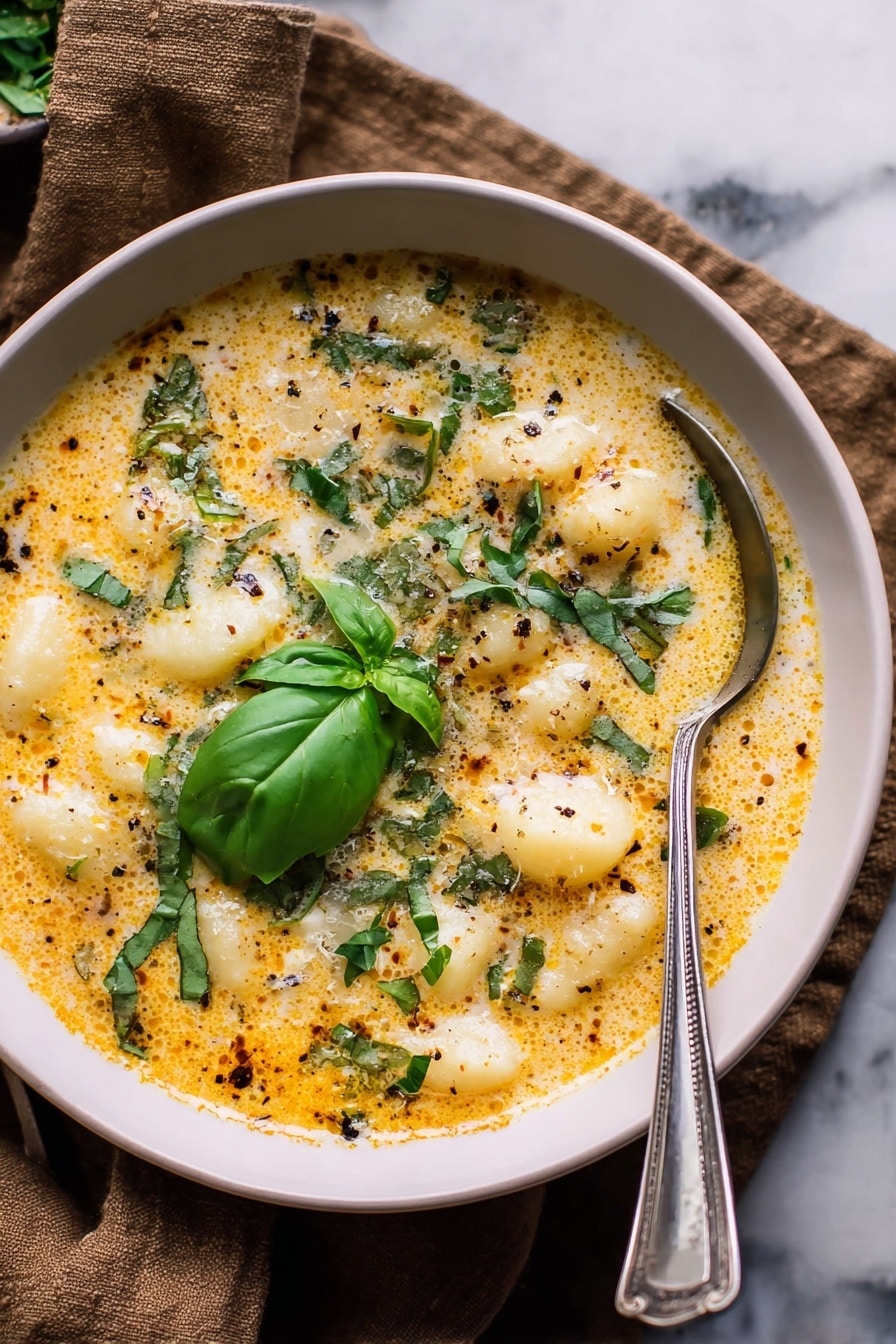 A bowl of creamy soup with small round potato pieces in light yellow color floating in an orange-tinted broth. The soup is garnished with chopped green herbs scattered on top and a single fresh basil leaf placed near the center. The surface of the soup has some melted cheese and small dark brown spots, hinting at spices or seasoning. A silver spoon rests inside the bowl on the right side. The bowl is white with a speckled texture sitting on a brown cloth over a white marbled surface. photo taken with an iphone --ar 2:3 --v 7 - Creamy Gnocchi Chicken Soup, creamy chicken soup with gnocchi, easy gnocchi chicken soup, comforting chicken and gnocchi recipe, hearty creamy soup recipe