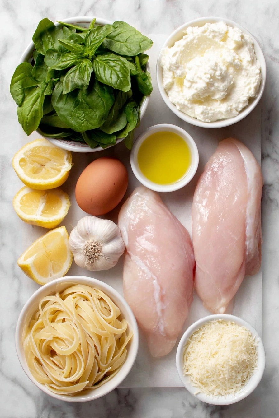 Flat lay of two skinless, boneless raw chicken breasts, a small mound of fresh spinach leaves, a small white ceramic bowl holding creamy ricotta cheese, a few strands of cooked linguine pasta twisted neatly, a small white bowl with olive oil, a small white bowl with melted butter, one whole uncracked brown egg, two whole garlic cloves and one sliced garlic clove, one whole lemon cut in half showing juicy interior and one whole lemon, a small white bowl with freshly grated Parmesan cheese, fresh sprigs of basil and mint leaves scattered naturally, all arranged with perfect symmetry on a clean white marble surface, soft natural light, photo taken with an iPhone, professional food photography style, fresh ingredients, white ceramic bowls, no bottles, no duplicates, no utensils, no packaging --ar 2:3 --v 7 --p m7354615311229779997 - Creamy Spinach Ricotta Pasta with Lemon Chicken, quick creamy pasta with lemon chicken and spinach, easy lemon chicken pasta recipe, healthy creamy chicken pasta, flavorful spinach ricotta pasta