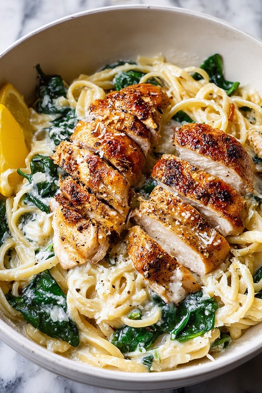 The image shows a large white pan filled with creamy pasta and two sliced golden-brown cooked chicken pieces placed on opposite sides. The pasta noodles are light yellow and mixed with dark green spinach leaves, all coated in a white creamy sauce with a crumbly texture. There are small pieces of cooked garlic and a slice of yellow lemon tucked inside the noodles near the chicken. The background is a white marbled surface. Photo taken with an iphone --ar 2:3 --v 7 - Creamy Spinach Ricotta Pasta with Lemon Chicken, quick creamy pasta with lemon chicken and spinach, easy lemon chicken pasta recipe, healthy creamy chicken pasta, flavorful spinach ricotta pasta
