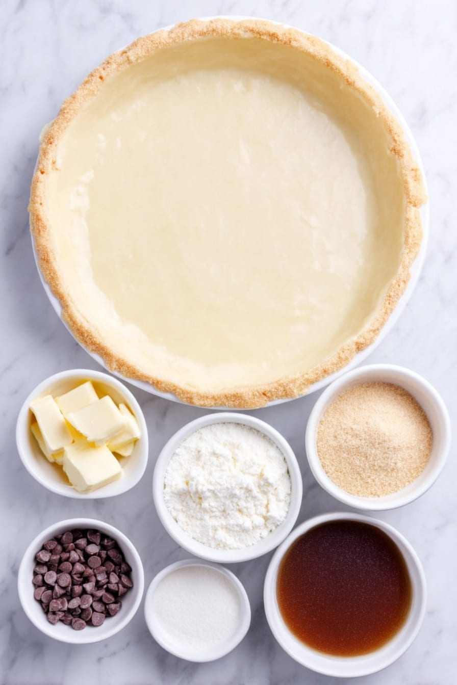 Flat lay of a whole round pizza crust with a golden edge, a small white ceramic bowl filled with yellow cake mix, a small white ceramic bowl containing melted butter with a glossy surface, a small white ceramic bowl holding smooth milk chocolate chips, a small white ceramic bowl with fine white granulated sugar, and a small white ceramic bowl with light brown soft brown sugar, all arranged in perfect symmetry on a clean white marble surface, soft natural light, photo taken with an iPhone, professional food photography style, fresh ingredients, white ceramic bowls, no bottles, no duplicates, no utensils, no packaging --ar 2:3 --v 7 --p m7354615311229779997 - Chocolate Chip Dessert Pizza, dessert pizza with chocolate chips, easy chocolate chip pizza recipe, quick sweet pizza, fun dessert for parties