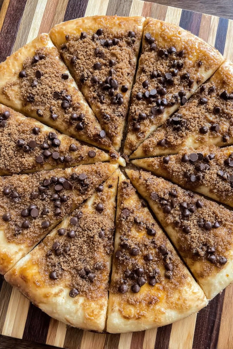 A round cookie pizza is sliced into eight pieces, with one slice slightly separated from the rest. The cookie crust is thick and light golden brown with a soft, crumbly texture. It is covered evenly with many small dark brown chocolate chips scattered on the surface. The cookie sits on a white plate, and the background shows a white marbled texture. The image focuses closely on the cookie, capturing the detailed texture of the chocolate chips and the crust. photo taken with an iphone --ar 2:3 --v 7 - Chocolate Chip Dessert Pizza, dessert pizza with chocolate chips, easy chocolate chip pizza recipe, quick sweet pizza, fun dessert for parties