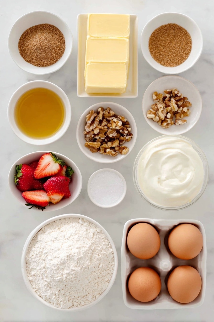 Flat lay of a small mound of all-purpose flour, a small pile of packed brown sugar, a small pile of finely chopped walnuts, a small white ceramic bowl with melted butter, a small pinch of salt crystals, a small pile of white granulated sugar, fresh sliced strawberries in a small white ceramic bowl, a small white ceramic bowl with lemon juice, two whole uncracked brown eggs, a small white ceramic bowl filled with heavy cream placed on a clean white marble surface, soft natural light, photo taken with an iPhone, professional food photography style, fresh ingredients, white ceramic bowls, no bottles, no duplicates, no utensils, no packaging --ar 2:3 --v 7 --p m7354615311229779997 - Frozen Strawberry Shortcake Squares, strawberry dessert, frozen fruit squares, easy summer desserts, no-bake strawberry treats