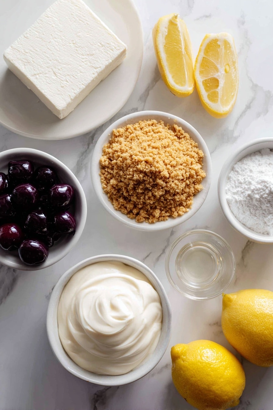 Flat lay of a small mound of golden graham cracker crumbs, two blocks of full fat cream cheese with smooth white surfaces, a small white ceramic bowl filled with thick heavy whipping cream, a modest heap of fine powdered sugar on a white plate, a few fresh bright yellow lemon wedges, and a small white ceramic bowl containing clear vanilla extract liquid, all arranged with perfect symmetry on a clean white marble surface, soft natural light, photo taken with an iPhone, professional food photography style, fresh ingredients, white ceramic bowls, no bottles, no duplicates, no utensils, no packaging --ar 2:3 --v 7 --p m7354615311229779997 - No-Bake Cheesecake Cups, easy cheesecake desserts, no-bake dessert recipes, creamy cheesecake cups, quick no-bake treats