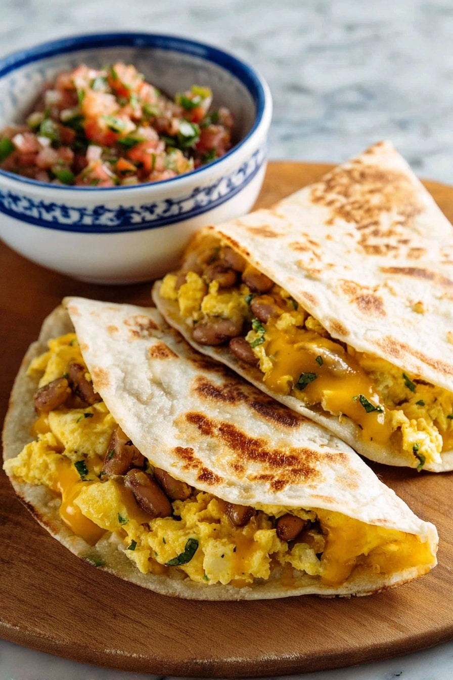 The image shows three folded tortillas that are toasted with brown spots and a light beige color, arranged overlapping on a wooden board. Inside each tortilla, there is a visible layer of scrambled yellow eggs mixed with light brown beans and small bits of green herbs, creating a textured and colorful inside. To the right of the tortillas, there is a small white bowl filled with chunky red salsa, which has visible pieces of green herbs and tomatoes adding texture and color contrast. The background surface is a white marbled texture and part of a white and green striped cloth is visible on the right edge. Photo taken with an iphone --ar 2:3 --v 7 - Easy Breakfast Quesadilla with Eggs and Beans, breakfast quesadilla recipe, quick morning breakfast, protein-packed breakfast ideas, cheesy breakfast quesadilla