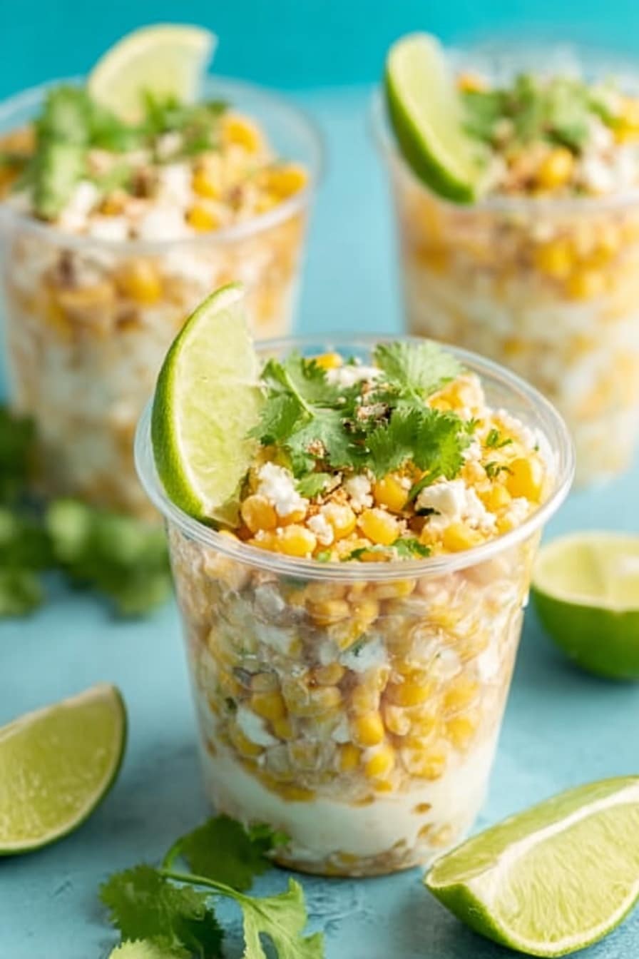 Three clear plastic cups filled with a layered corn salad sit on a white marbled surface. Each cup has a base of bright yellow corn kernels mixed with creamy white cheese crumbles. On top, there are small green cilantro leaves scattered, adding a fresh touch. A thin, round slice of light green lime rests on the rim of each cup. Around the cups, there are more lime wedges and fresh cilantro sprigs adding green and yellow accents. The background is soft turquoise blue, making the colors of the dish stand out. photo taken with an iphone --ar 2:3 --v 7 - Mexican Street Corn Cups, Mexican Street Corn, Elote Cups, Mexican Corn Snacks, Easy Mexican Corn Recipes