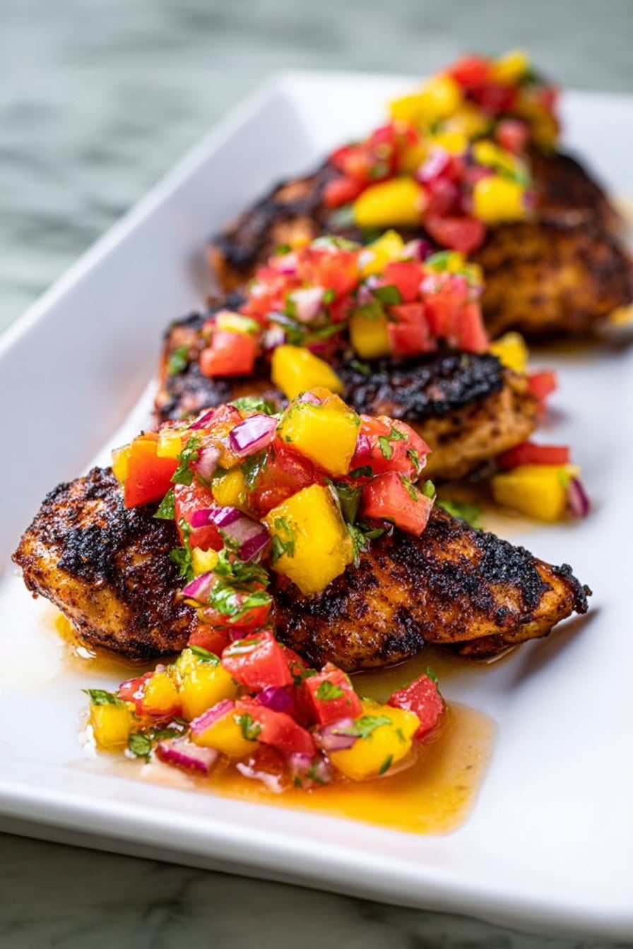The image shows pieces of grilled chicken with golden brown, slightly crispy skin arranged on a white rectangular plate. On top of the chicken, there is a colorful salsa made of bright yellow corn kernels, red diced tomatoes, and small green herb leaves, creating a fresh and vibrant contrast. The plate is placed on a white marbled surface. Photo taken with an iphone --ar 2:3 --v 7 - Grilled Chicken with Mango Watermelon Salsa, grilled chicken, mango watermelon salsa, summer chicken dishes, healthy grilled chicken recipes