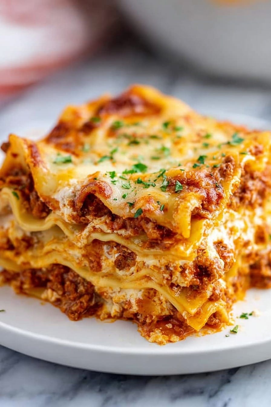 A white rectangular baking dish filled with a layered lasagna showing about four layers of pasta sheets and rich sauce mixed with browned ground meat. The top layer has melted, slightly browned cheese with scattered green herb pieces. The lasagna is cut into six hearty square servings, and around the dish there is a striped cloth and a small bowl of green herbs. The whole scene is on a white marbled surface. Photo taken with an iphone --ar 2:3 --v 7 - Homemade Lasagna with Meat and Cheese, delicious lasagna recipe, easy homemade lasagna, hearty Italian lasagna, baked pasta with meat and cheese