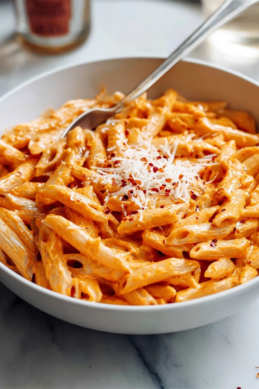 A white bowl filled with about two layers of penne pasta coated in an orange creamy sauce, with the pasta arranged neatly inside the bowl. The top layer is sprinkled with small bits of grated white cheese, tiny pieces of red flakes, and a few small green herb leaves. A silver spoon is placed resting inside the bowl on the right side. The bowl sits on a beige cloth with a white marbled surface below. In the blurred background, another bowl with the same pasta is visible, along with a partial view of a white bottle with blue and red writing. Photo taken with an iphone --ar 2:3 --v 7 - Creamy Vodka Penne Pasta, creamy vodka pasta recipe, penne pasta with vodka sauce, easy vodka pasta dish, comforting pasta recipes