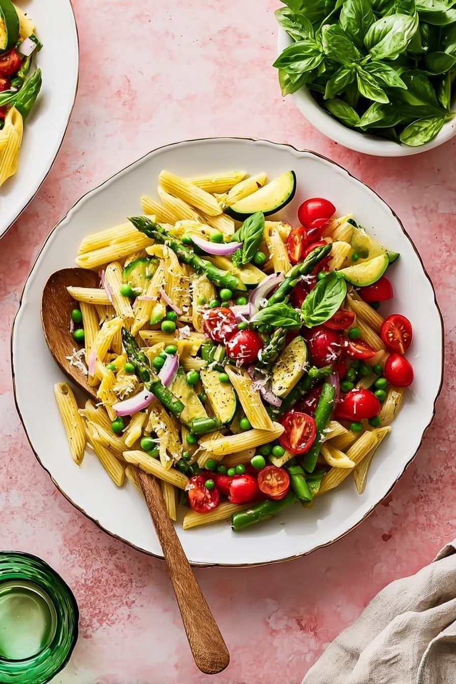 This image shows a white bowl filled with a colorful pasta salad. The salad has three main layers: pale yellow penne pasta pieces that are smooth and slightly shiny, bright green peas and asparagus, and red cherry tomato halves. Scattered on top are dark green fresh basil leaves and thin slices of pale purple onion. Light yellow zucchini slices with a soft texture mix with the pasta, adding variation. There is a wooden spoon resting inside the bowl, touching some of the salad. The background is a white marbled surface. photo taken with an iphone --ar 2:3 --v 7 - Fresh Pasta Primavera with Veggies, healthy pasta primavera recipe, easy vegetable pasta dish, spring vegetable pasta, vibrant pasta with fresh veggies
