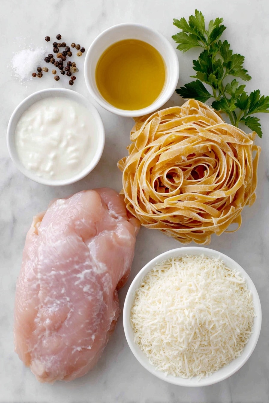 Flat lay of a raw chicken breast halved horizontally with natural pink tones, a small mound of coarse salt and cracked black peppercorns scattered gently beside it, a small white ceramic bowl filled with golden olive oil, a neat nest of uncooked fettuccine pasta with pale yellow strands, a small white bowl of creamy white milk, a small white bowl of rich chicken broth with a light amber hue, a single large garlic clove with papery white skin and slight shine, a small white bowl of thick heavy cream with a smooth surface, a small white bowl heaped with finely grated parmesan cheese with off-white color, and a few fresh bright green parsley sprigs arranged symmetrically, placed on a clean white marble surface, soft natural light, photo taken with an iPhone, professional food photography style, fresh ingredients, white ceramic bowls, no bottles, no duplicates, no utensils, no packaging --ar 2:3 --v 7 --p m7354615311229779997 - One Pot Chicken Alfredo, Chicken Alfredo Pasta, Creamy Chicken Alfredo, Easy Alfredo Pasta, One Pot Pasta Recipes