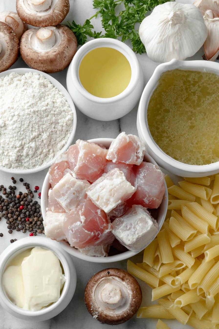 Flat lay of cubed raw chicken breast pieces, a small pile of white all-purpose flour, cracked black peppercorns scattered nearby, a smooth shallot sliced thinly, several whole brown mushrooms sliced, three peeled garlic cloves, a small white ceramic bowl with amber Marsala wine, a small white ceramic bowl filled with light golden chicken broth, a small white ceramic bowl holding creamy skim milk, two tablespoons of soft white cream cheese, uncooked pale yellow penne pasta arranged neatly, and a few sprigs of fresh green parsley placed delicately, all arranged with perfect symmetry on a clean white marble surface, soft natural light, photo taken with an iPhone, professional food photography style, fresh ingredients, white ceramic bowls, no bottles, no duplicates, no utensils, no packaging --ar 2:3 --v 7 --p m7354615311229779997 - Creamy Chicken Marsala Pasta, Chicken Marsala with Pasta, Easy Chicken Marsala Dinner, Creamy Chicken Marsala Recipe, One-Pot Chicken Marsala