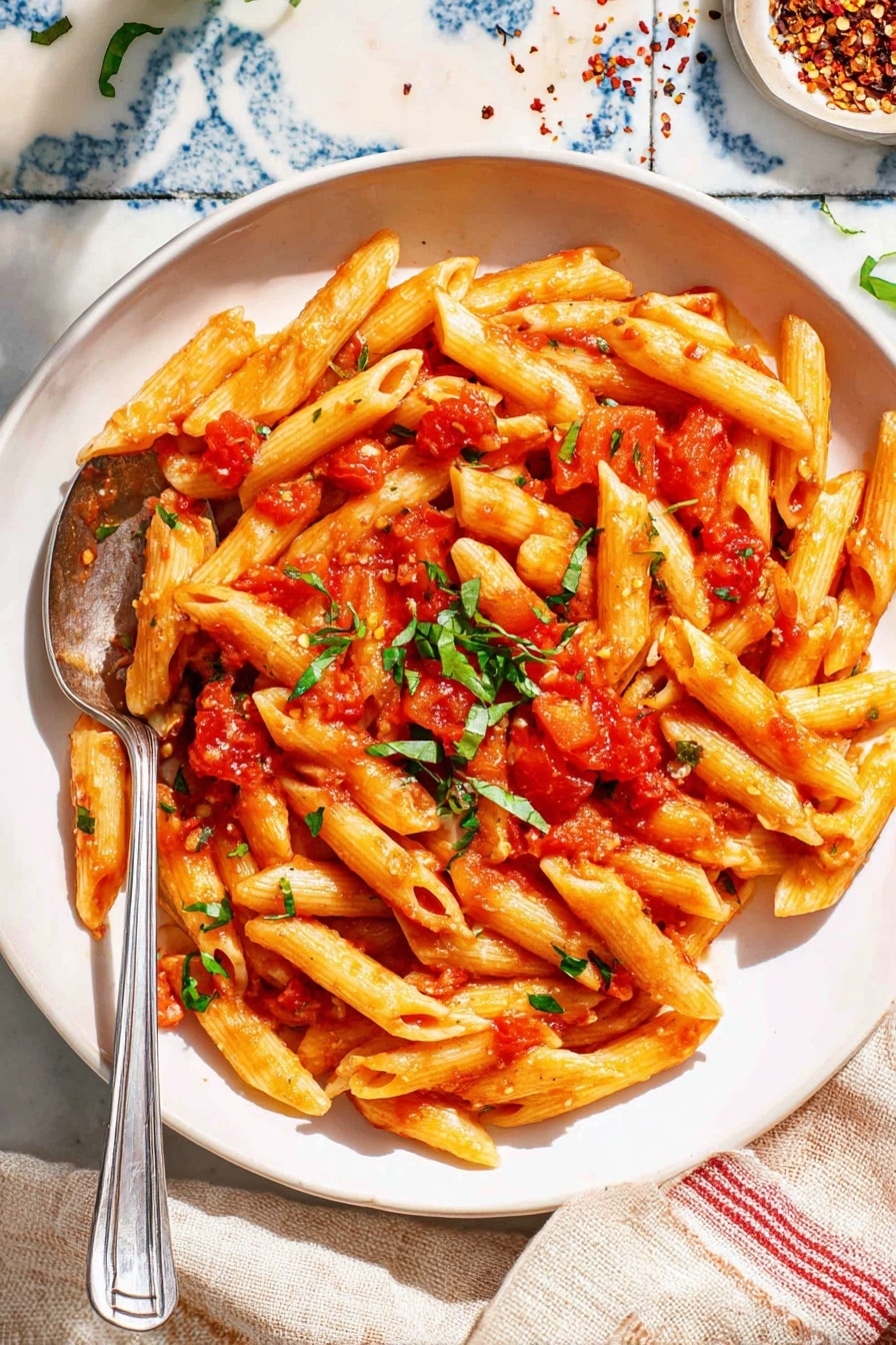 The image shows a white round plate filled with penne pasta coated in a red tomato sauce with small chunks of tomato and bits of green herbs sprinkled throughout. The pasta pieces are light yellow with a slightly shiny texture. There is a silver spoon placed on the left side of the plate, resting partially under the pasta. The plate is set on a white marbled surface with blue patterned tiles visible around it. Some crushed red pepper flakes are scattered near the top of the plate, and a beige cloth with red stripes is folded to the right side. photo taken with an iphone --ar 2:3 --v 7 - Spicy Penne Arrabbiata, Penne Arrabbiata recipe, spicy pasta dinner, quick Italian pasta, easy spicy penne