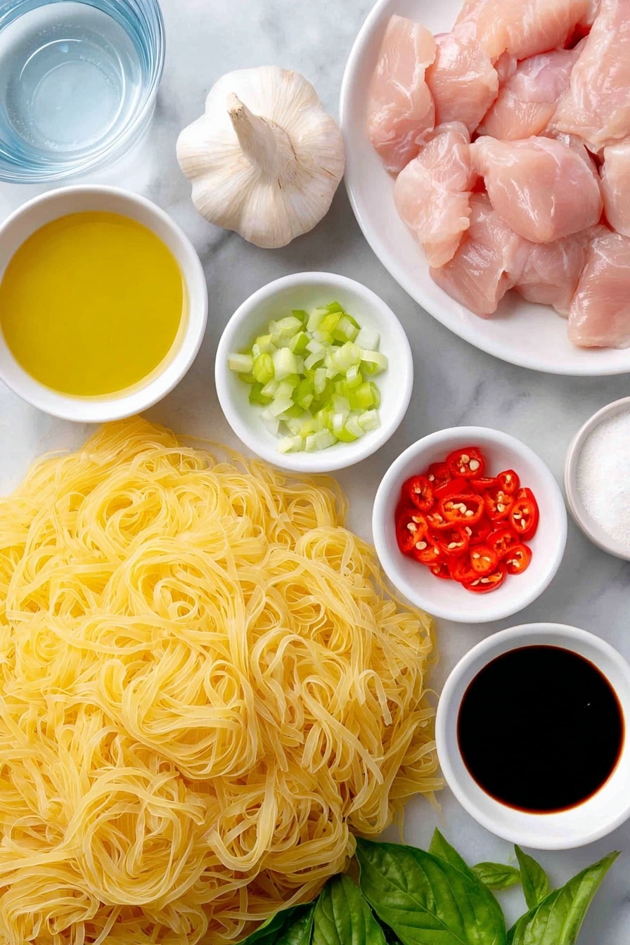Flat lay of wide dried rice noodles neatly arranged in a simple pile, a small white bowl of golden cooking oil, three large whole garlic cloves with papery skins intact, two bright red deseeded bird's eye chillies finely chopped on a white ceramic plate, half a fresh onion sliced into thin crescents on a white plate, bite-sized pieces of raw chicken thighs with pink flesh and white fat marbling, a small white bowl containing a glossy brown oyster sauce, a small white bowl with dark soy sauce, another small white bowl with light soy sauce, a tiny white bowl of fine white sugar, two fresh green onions cut into short segments, a generous handful of bright green Thai basil leaves with delicate stems, a small white bowl with clear water all symmetrically placed on a clean white marble surface, soft natural light, photo taken with an iPhone, professional food photography style, fresh ingredients, white ceramic bowls, no bottles, no duplicates, no utensils, no packaging --ar 2:3 --v 7 --p m7354615311229779997 - Spicy Thai Drunken Noodles, Thai street food noodles, spicy Thai noodles recipe, authentic Thai drunken noodles, quick Thai noodle dish