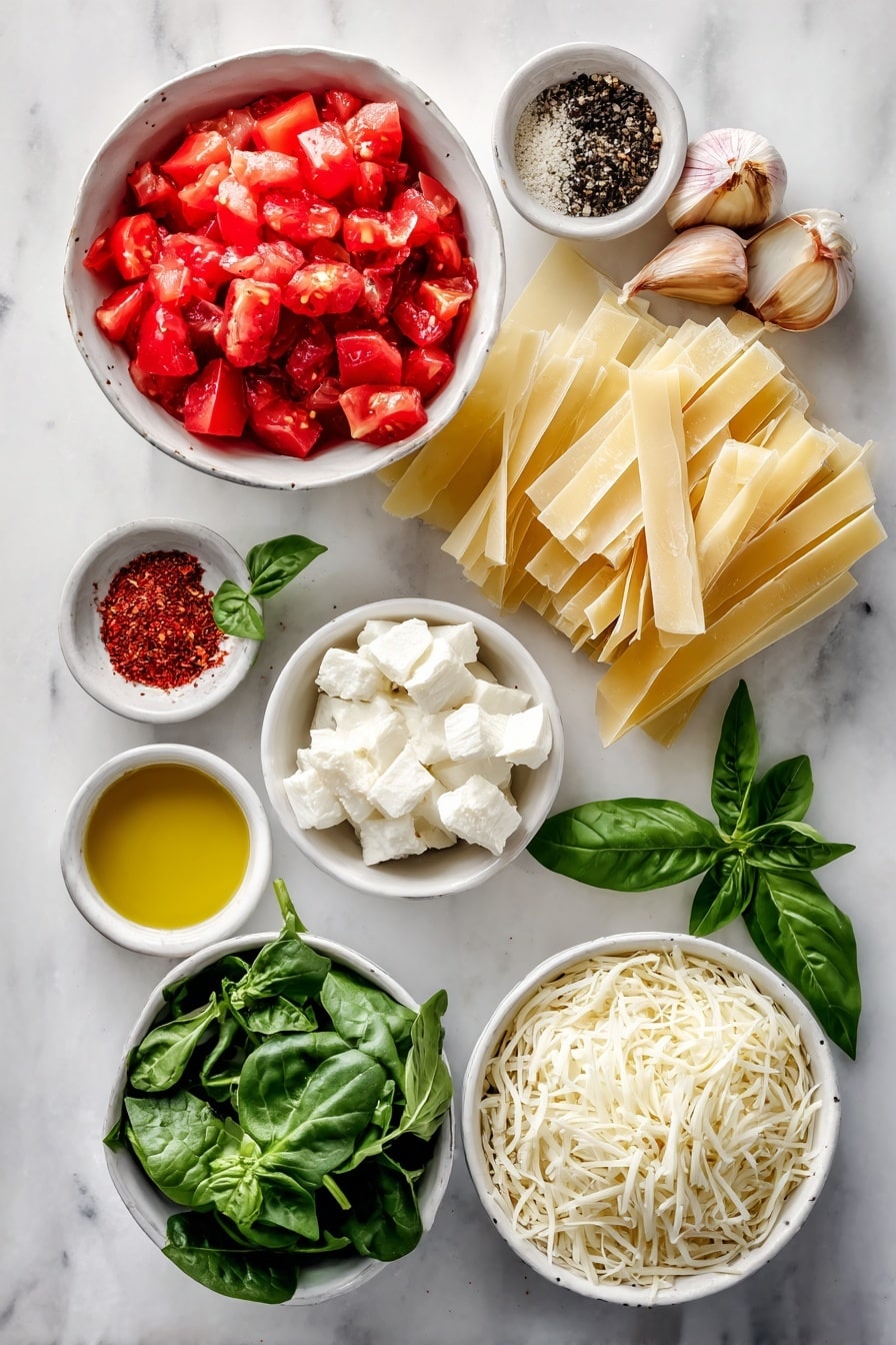 Flat lay of a small white ceramic bowl filled with bright red drained diced tomatoes, a few vibrant green fresh basil sprigs, a small white bowl of golden olive oil, two whole brown garlic cloves, a small white bowl of coarse salt, a small white bowl of red pepper flakes, a medium mound of fresh white low-fat cottage cheese curds, one small fresh red onion roughly chopped, quartered pale green artichoke hearts, a generous pile of fresh deep green baby spinach leaves, a small white bowl of freshly ground black pepper, nine uncooked pale beige no-boil lasagna noodles neatly stacked, and a small white ceramic bowl heaped with shredded creamy white fontina cheese all arranged with perfect symmetry on a clean white marble surface, soft natural light, photo taken with an iPhone, professional food photography style, fresh ingredients, white ceramic bowls, no bottles, no duplicates, no utensils, no packaging --ar 2:3 --v 7 --p m7354615311229779997 - Spinach Artichoke Lasagna, vegetarian lasagna with spinach and artichokes, creamy vegetable lasagna, healthy lasagna recipes, easy homemade lasagna