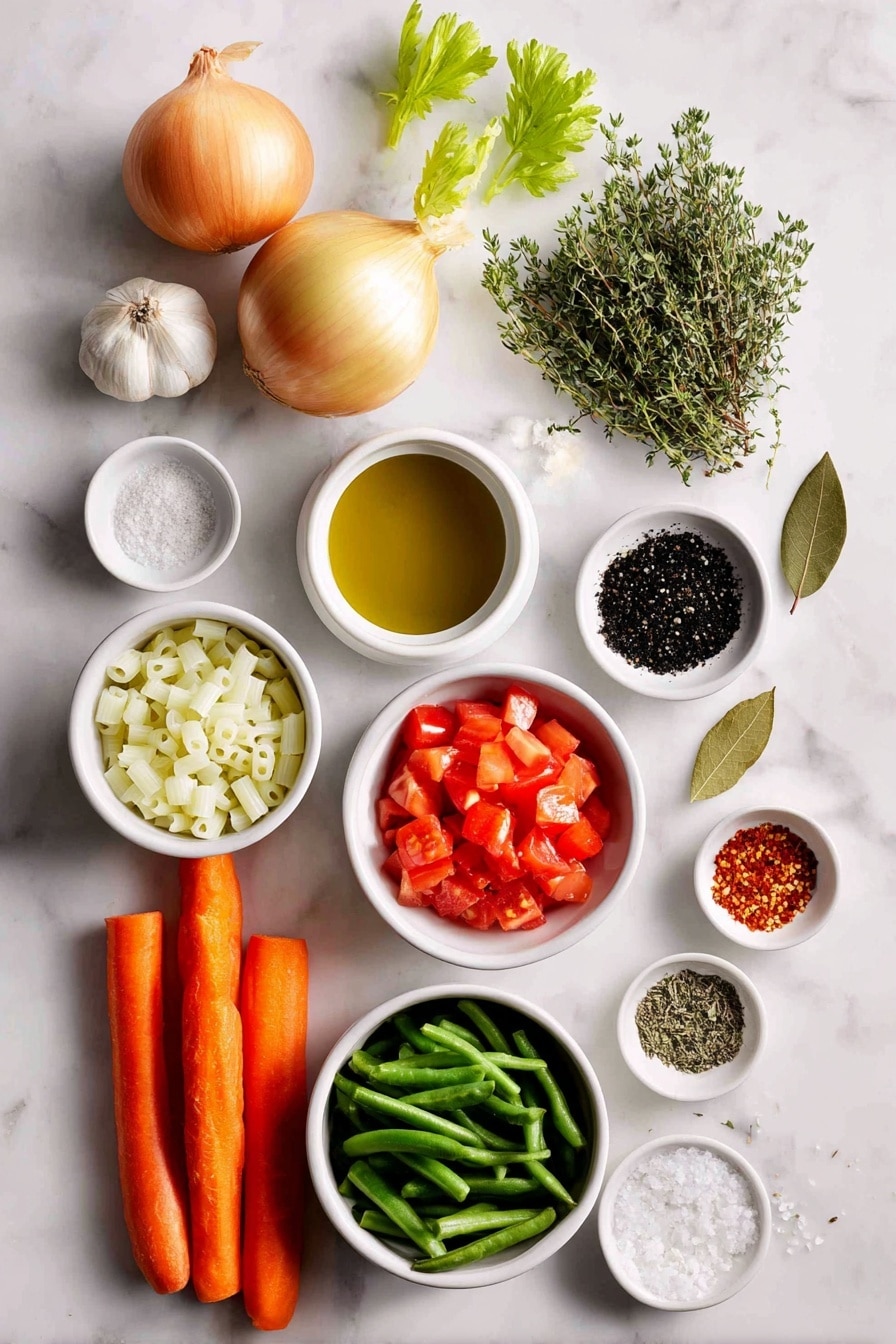 Flat lay of a small white ceramic bowl of extra-virgin olive oil, one medium yellow onion whole with skin, two medium fresh carrots whole with green tops removed, two celery ribs whole and fresh, one teaspoon sea salt in a small white bowl, freshly ground black pepper in a small white bowl, three whole garlic cloves unpeeled, one small white ceramic bowl filled with diced fresh tomatoes, one small white ceramic bowl with cooked white beans, one small white bowl of chopped fresh green beans, two dried bay leaves placed flat, one small white bowl with dried oregano, one small white bowl with dried thyme, three quarters cup of small pasta (ditalini) loose, one small white ceramic bowl filled with chopped fresh parsley, one small white bowl with red pepper flakes, and a small white bowl with grated Parmesan cheese, all arranged symmetrically on a clean white marble surface, soft natural light, photo taken with an iPhone, professional food photography style, fresh ingredients, white ceramic bowls, no bottles, no duplicates, no utensils, no packaging --ar 2:3 --v 7 --p m7354615311229779997 - Easy Vegetarian Minestrone Soup, healthy vegetable soup, hearty vegetarian dinner, quick homemade minestrone, vegan friendly soup