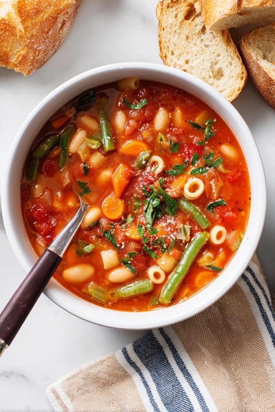 A white bowl filled with bright red tomato-based soup with visible layers of diced tomatoes, white beans, small round pasta, sliced orange carrots, chopped green beans, and herbs scattered on top. The soup has a slightly thick texture with floating small vegetables and pasta. A silver spoon with a dark brown handle rests inside the bowl. Beside the bowl are pieces of crusty bread with a golden-brown crust, placed on top of a white marbled surface. A striped cloth napkin in beige and blue sits close to the bowl. Photo taken with an iphone --ar 2:3 --v 7 - Easy Vegetarian Minestrone Soup, healthy vegetable soup, hearty vegetarian dinner, quick homemade minestrone, vegan friendly soup