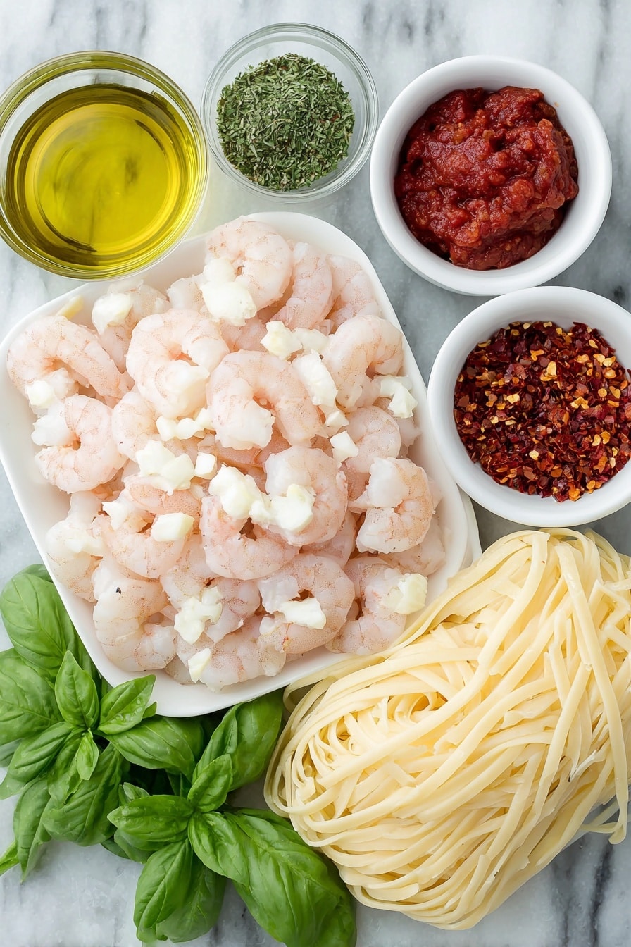 Flat lay of peeled and deveined raw shrimp arranged neatly, a small mound of finely chopped white onion, a few small pieces of chopped spicy red pepper, several cloves of whole fresh garlic, crushed ripe red tomatoes in a small white bowl, a small white bowl of vibrant red chili flakes, a small white bowl with clear dry white wine, a pinch of dried oregano sprinkled beside, fresh green chopped parsley, a few fresh bright green basil leaves, a bundle of cooked linguine noodles elegantly coiled on a simple white ceramic plate, all placed on a clean white marble surface, soft natural light, photo taken with an iPhone, professional food photography style, fresh ingredients, white ceramic bowls, no bottles, no duplicates, no utensils, no packaging --ar 2:3 --v 7 --p m7354615311229779997 - Spicy Shrimp Fra Diavolo, spicy shrimp pasta, Italian seafood recipe, quick shrimp dinner, fiery tomato shrimp