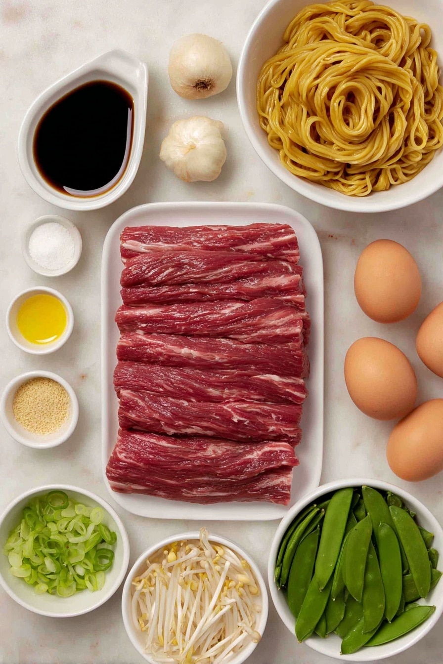 Flat lay of thin strips of fresh flank steak, a small bowl of cornstarch, a small bowl of light soy sauce, a small bowl of dark soy sauce, a small bowl of oyster sauce, a small bowl of sesame oil, a small bowl of white sugar, a small bowl of salt, a small bowl of white pepper, fresh lo mein noodles coiled in a simple white ceramic bowl, a peeled clove of garlic, a medium julienned carrot, half a julienned red bell pepper, sliced fresh mushrooms, thin strips of bamboo shoots, shredded Napa cabbage, fresh whole snow peas, crisp mung bean sprouts, two whole uncracked brown eggs, two scallions julienned with white and green parts separated in small white bowls, a small bowl of Shaoxing wine, placed on a clean white marble surface, soft natural light, photo taken with an iPhone, professional food photography style, fresh ingredients, white ceramic bowls, no bottles, no duplicates, no utensils, no packaging --ar 2:3 --v 7 --p m7354615311229779997 - Beef Lo Mein Stir-Fry, Beef Lo Mein recipe, Chinese beef stir-fry, easy lo mein noodles, flavorful stir-fry dishes