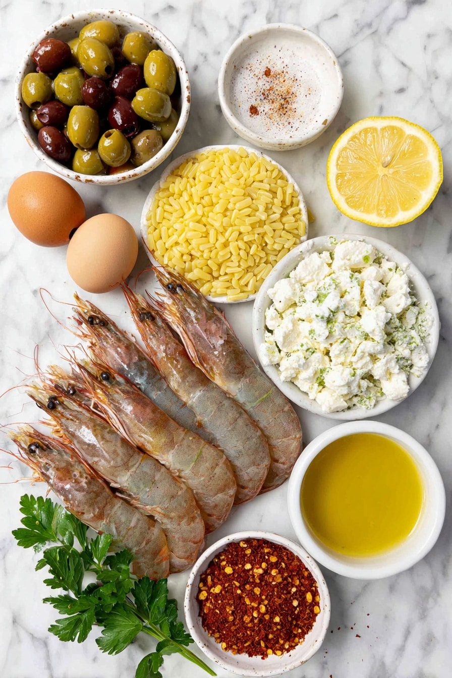 Flat lay of a handful of large raw shrimp (u26 size), a small mound of uncooked orzo pasta, a whole medium onion diced with pieces separated, six whole garlic cloves peeled, a small white bowl of crumbled feta cheese, a small white bowl of chopped oil-cured black olives, a small white bowl of bright yellow lemon zest, a small white bowl with fresh lemon juice, a small bunch of fresh flat-leaf Italian parsley with some leaves scattered, a small white bowl filled with crushed hot red pepper flakes, a whole uncracked brown egg next to a small white bowl of olive oil, salt and black pepper scattered naturally, placed on a clean white marble surface, soft natural light, photo taken with an iPhone, professional food photography style, fresh ingredients, white ceramic bowls, no bottles, no duplicates, no utensils, no packaging --ar 2:3 --v 7 --p m7354615311229779997 - Shrimp and Feta Orzo Skillet, Shrimp and Feta Orzo, Mediterranean Shrimp Skillet, Easy Shrimp Skillet Dinner, One-Pot Shrimp Pasta