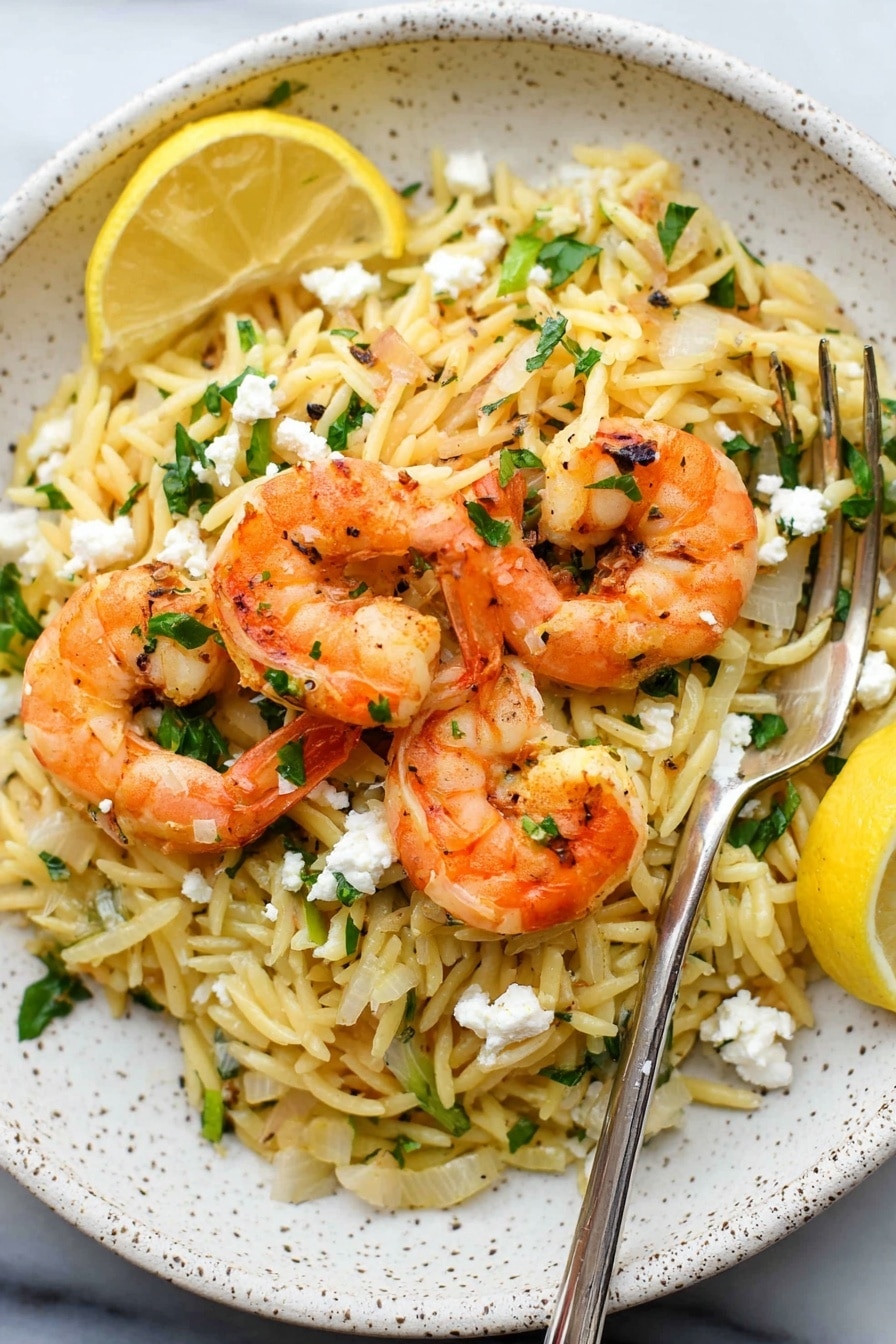 A white speckled plate holds a serving of light yellow pasta mixed with small chopped onions and green parsley pieces. On top of the pasta are four orange cooked shrimp with some slight grill marks. Small white crumbles of cheese are scattered over the shrimp and pasta. Two lemon wedges sit at the edge of the pasta, adding a bright yellow contrast. A silver fork rests on the plate's right side. The plate is placed on a white marbled surface. Photo taken with an iphone --ar 2:3 --v 7 - Shrimp and Feta Orzo Skillet, Shrimp and Feta Orzo, Mediterranean Shrimp Skillet, Easy Shrimp Skillet Dinner, One-Pot Shrimp Pasta