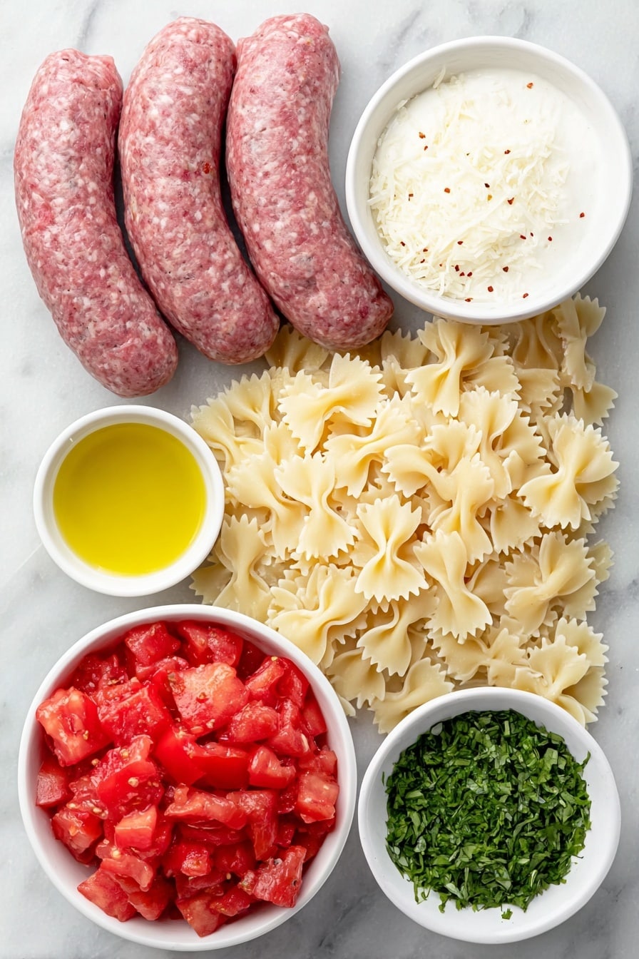 Flat lay of a small pile of fresh bow tie (farfalle) pasta, a few whole sweet Italian sausages with smooth casings, a medium yellow onion diced into neat cubes, three plump garlic cloves peeled, a small white ceramic bowl filled with bright red Italian diced tomatoes, another small white bowl containing golden olive oil, a third white bowl with creamy heavy cream, a tiny white dish holding red pepper flakes, a small mound of freshly grated parmesan cheese, and a few sprigs of vibrant green chopped basil, all arranged symmetrically and balanced on a clean white marble surface, soft natural light, photo taken with an iPhone, professional food photography style, fresh ingredients, white ceramic bowls, no bottles, no duplicates, no utensils, no packaging --ar 2:3 --v 7 --p m7354615311229779997 - Creamy Italian Sausage Bow Tie Pasta, Italian sausage pasta recipe, creamy sausage pasta, quick Italian dinner, easy pasta recipes