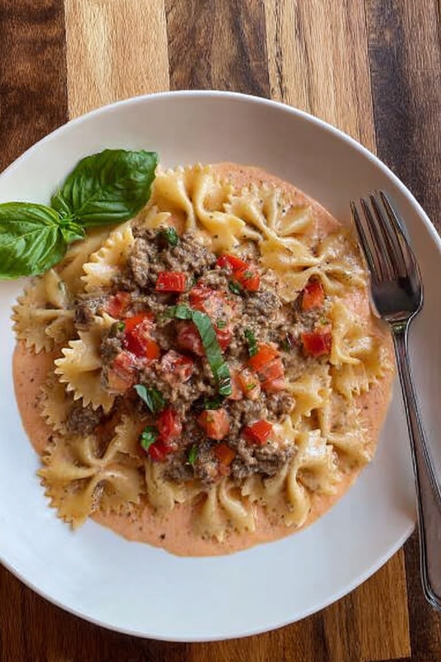 A white round plate sits on a wooden surface with a creamy pink sauce spread evenly on the bottom layer. On top, there is a layer of bow-tie pasta mixed with ground meat pieces and small diced red tomatoes, giving a mix of beige, brown, and red colors with a slightly chunky texture. A green basil leaf decorates the upper left edge of the plate. To the right side of the plate, a silver fork rests on the wooden surface. The photo taken with an iphone --ar 2:3 --v 7 - Creamy Italian Sausage Bow Tie Pasta, Italian sausage pasta recipe, creamy sausage pasta, quick Italian dinner, easy pasta recipes
