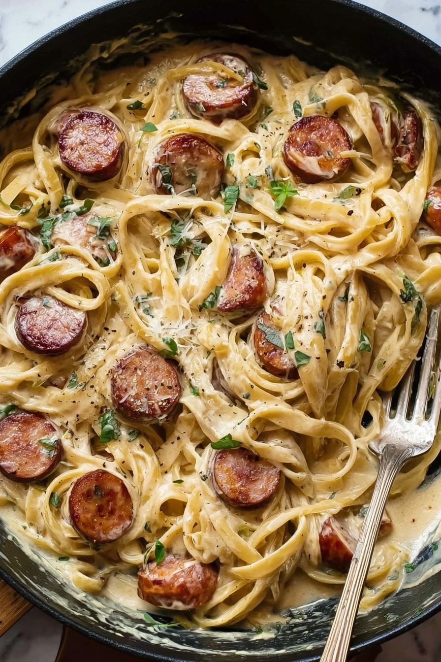The image shows a white bowl filled with creamy fettuccine pasta mixed with round slices of mushrooms. The sauce is light beige and smooth, covering the pasta and mushrooms evenly. Small green chopped herbs are sprinkled on top, adding a touch of color. Around the bowl, there are two small white bowls, one with finely chopped green herbs and the other with red chili flakes. The bowl is placed on a wooden table with a silver spoon and fork nearby, and a white marbled surface background. Photo taken with an iphone --ar 2:3 --v 7 - Smoked Sausage Cajun Alfredo, Cajun sausage pasta, spicy smoked sausage recipe, creamy Cajun Alfredo, quick Cajun pasta dinner