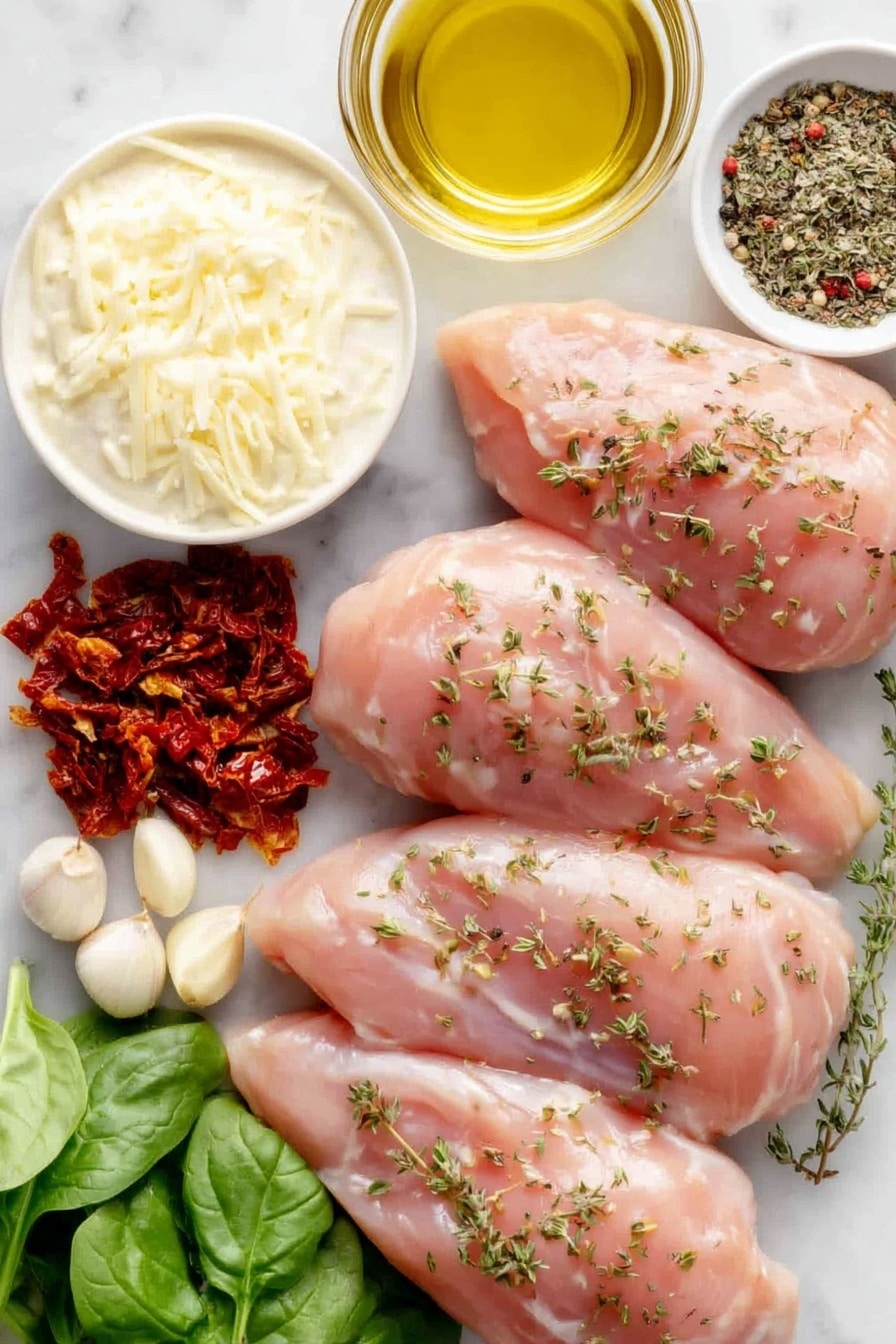 Flat lay of four raw boneless skinless chicken breasts, a small heap of mixed dried Italian herbs (oregano, thyme, basil, rosemary), coarse kosher salt crystals, a small pile of freshly ground black pepper, a few garlic cloves with papery skins removed, finely chopped yellow onion in a small mound, thinly sliced sun-dried tomatoes, a handful of fresh baby spinach leaves, a small white ceramic bowl filled with thick heavy cream, a small white ceramic bowl with freshly grated parmesan cheese, and a small white ceramic bowl holding extra virgin olive oil, all arranged symmetrically on a clean white marble surface, soft natural light, photo taken with an iPhone, professional food photography style, fresh ingredients, white ceramic bowls, no bottles, no duplicates, no utensils, no packaging --ar 2:3 --v 7 --p m7354615311229779997 - Creamy Tuscan Chicken with Sun-Dried Tomatoes, Tuscan Chicken recipe, easy creamy chicken dinner, Sun-Dried Tomato chicken, Gourmet chicken skillet