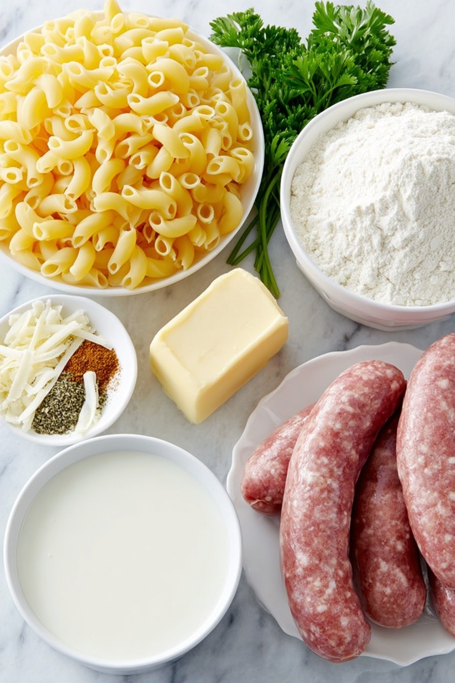 Flat lay of dry elbow pasta arranged neatly, a fresh bulk Italian sausage link uncooked, a small pat of golden butter, a few cloves of whole garlic with clean skins, a medium yellow onion whole and unpeeled, a small white ceramic bowl filled with white all-purpose flour, a small white ceramic bowl holding creamy whole milk, a small white ceramic bowl with ground black pepper, a small white ceramic bowl with smoked paprika powder, a small white ceramic bowl containing ground mustard powder, a mound of freshly grated sharp white cheddar cheese, a few sprigs of fresh parsley with vibrant green leaves, all ingredients symmetrically placed on simple white ceramic dishes and bowls, placed on a clean white marble surface, soft natural light, photo taken with an iPhone, professional food photography style, fresh ingredients, white ceramic bowls, no bottles, no duplicates, no utensils, no packaging --ar 2:3 --v 7 --p m7354615311229779997 - Cheesy Sausage Mac and Cheese, easy sausage pasta bake, homemade cheesy sausage pasta, comfort food recipes, creamy sausage mac and cheese