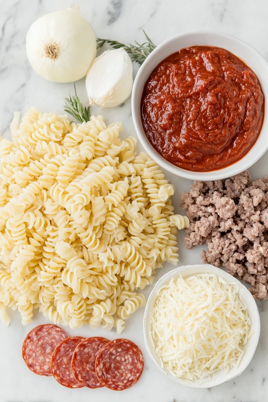 Flat lay of a mound of uncooked rotini pasta, a small pile of raw ground beef, a halved white onion showing its layers, a single whole garlic bulb clove, a few sprigs of dried Italian seasoning herbs, a white ceramic bowl filled with bright red pizza sauce, a small white bowl of clear water, a generous heap of shredded mozzarella cheese, and a neat stack of round pepperoni slices arranged symmetrically, all placed on a clean white marble surface, soft natural light, photo taken with an iPhone, professional food photography style, fresh ingredients, white ceramic bowls, no bottles, no duplicates, no utensils, no packaging --ar 2:3 --v 7 --p m7354615311229779997 - Cheesy Baked Pizza Pasta, easy pizza pasta bake, cheesy pasta recipes, pizza pasta dinner, comfort food recipes
