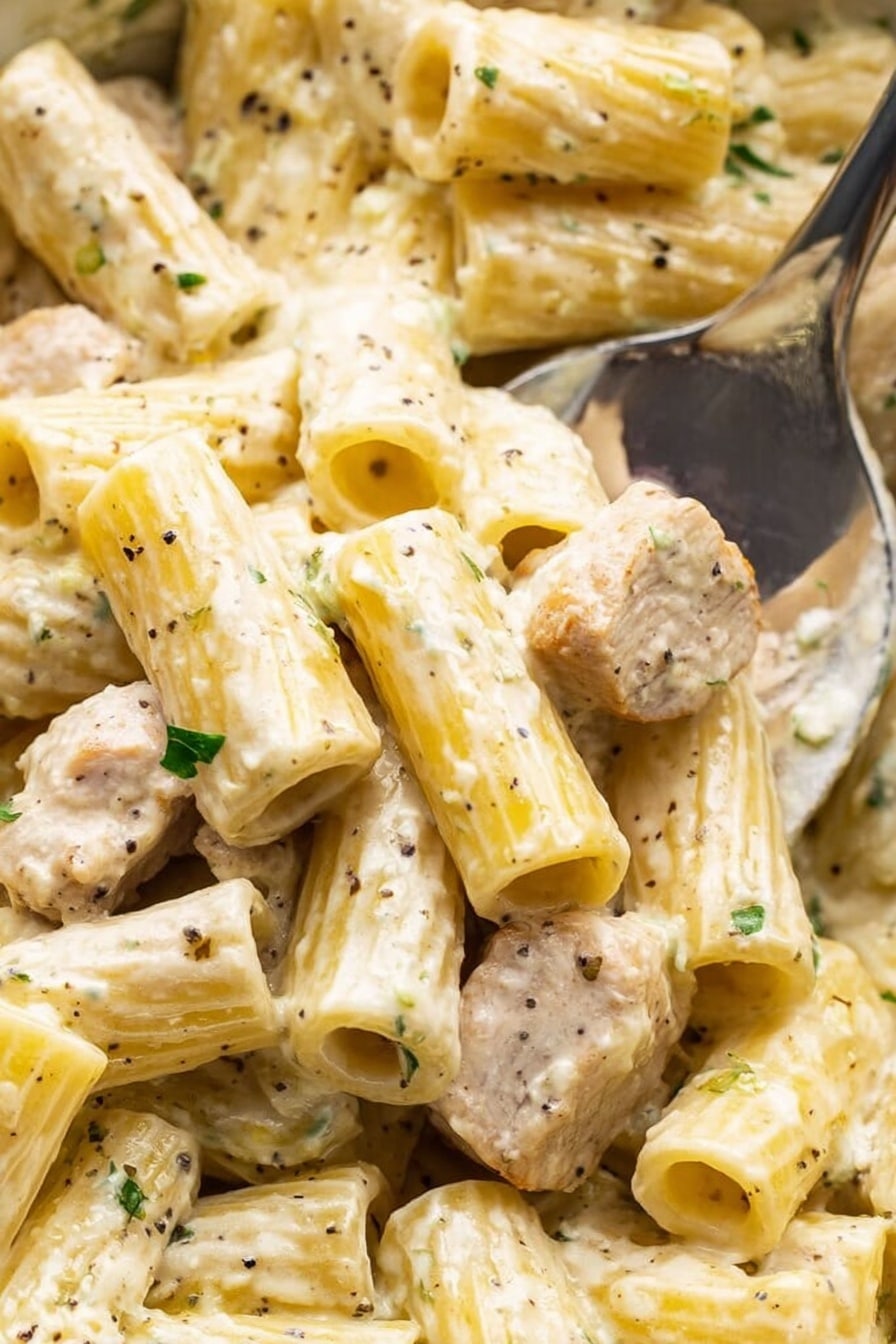 This close-up image shows tubes of rigatoni pasta covered in a creamy white sauce, mixed with small pieces of cooked chicken that have a light brown sear. The pasta is speckled with green herbs and some black pepper bits, and has a smooth, slightly glossy texture. The sauce looks thick and coats every piece evenly. A shiny metal spoon is partially visible picking up some pasta and chicken on the right side. The background is a white marbled surface. Photo taken with an iphone --ar 2:3 --v 7 - Creamy Lemon Chicken Pasta, lemon chicken pasta, creamy pasta recipes, quick chicken pasta, lemon chicken dinner