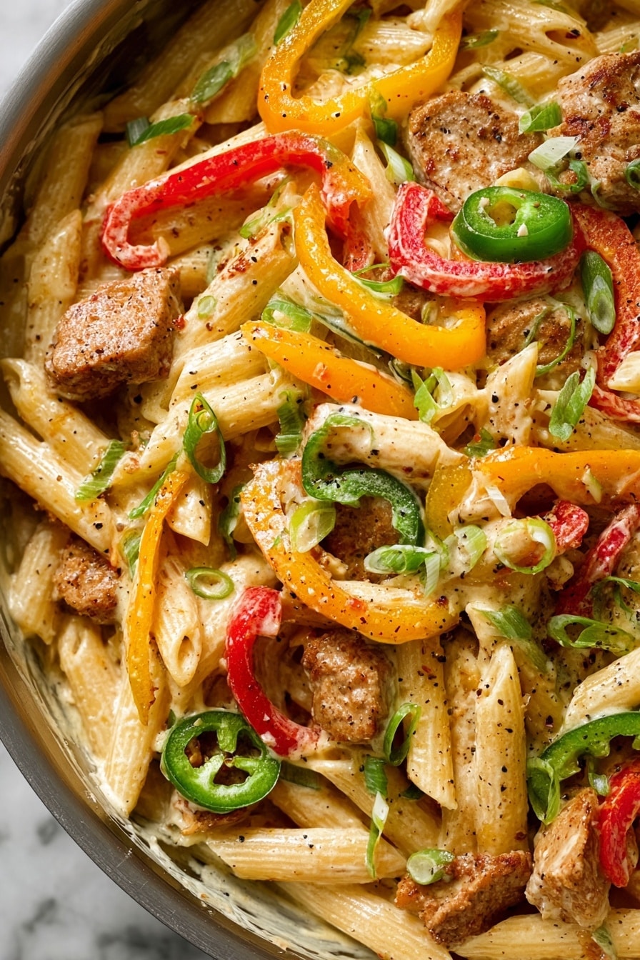A close top view of a silver pan filled with three layers of food: the bottom layer is yellow pasta tubes, the middle layer is thick sliced red and yellow bell pepper strips and white onion strips, and the top layer is small browned chicken pieces sprinkled with round chopped green onions. A woman's hand stirs the food with a wooden spoon from the left side of the pan while another woman's hand holds the handle of the pan on the right. To the upper left is a white bowl with dark green chopped spring onions. The pan and bowl sit on a white marbled surface with a beige cloth partly under the pan. photo taken with an iphone --ar 2:3 --v 7 - Spicy Buffalo Chicken Pasta, Buffalo Chicken Pasta, Spicy Pasta Recipes, Easy Chicken Pasta, Hot Sauce Pasta